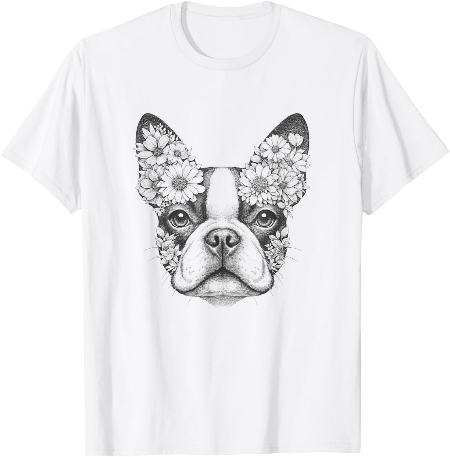 Floral Boston Terrier T-Shirt for Men and Women - Bostie Flower Design - 1
