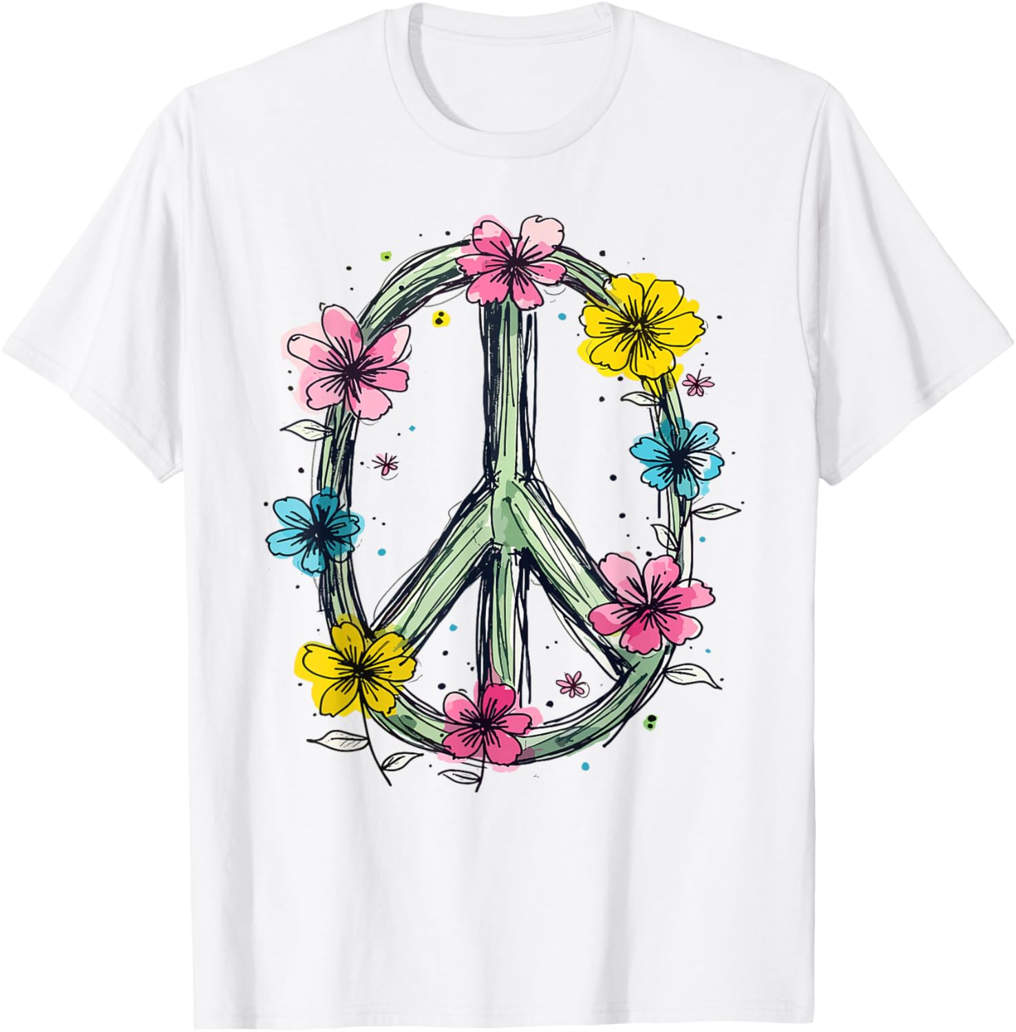 Flower Power Peace Sign T-Shirt for Women Love Hippie Style - 16