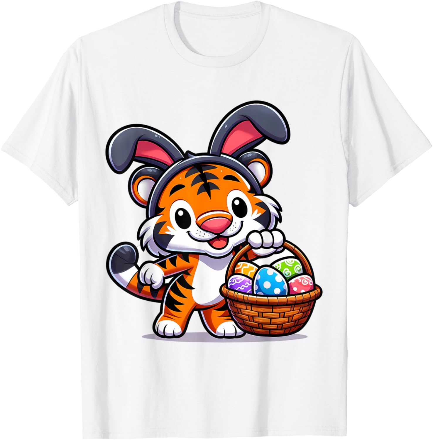 Cute Bunny Ear Tiger Easter Eggs T-Shirt for Kids and Babies - 1