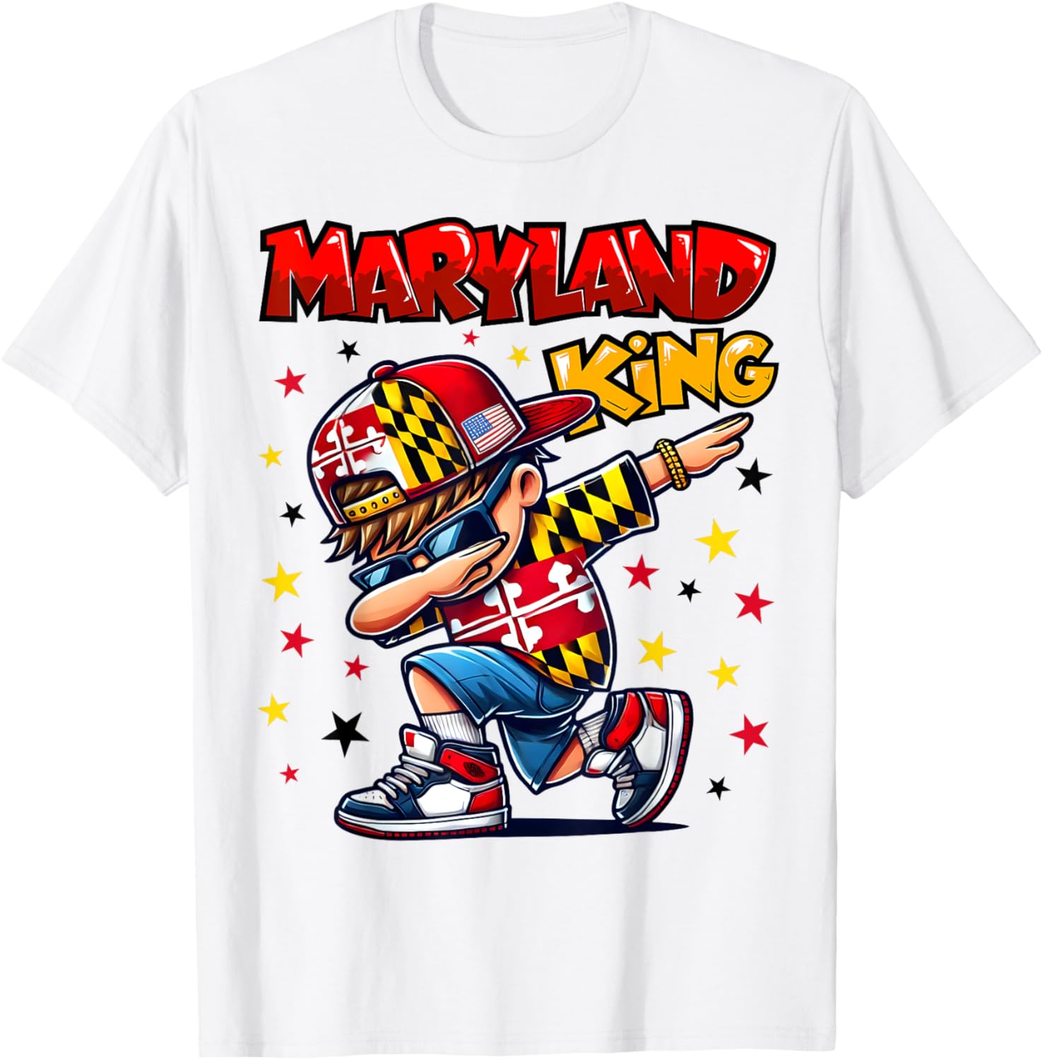 Cool Maryland King Dabbing T-Shirt for Kids Featuring State Flag Design - 14