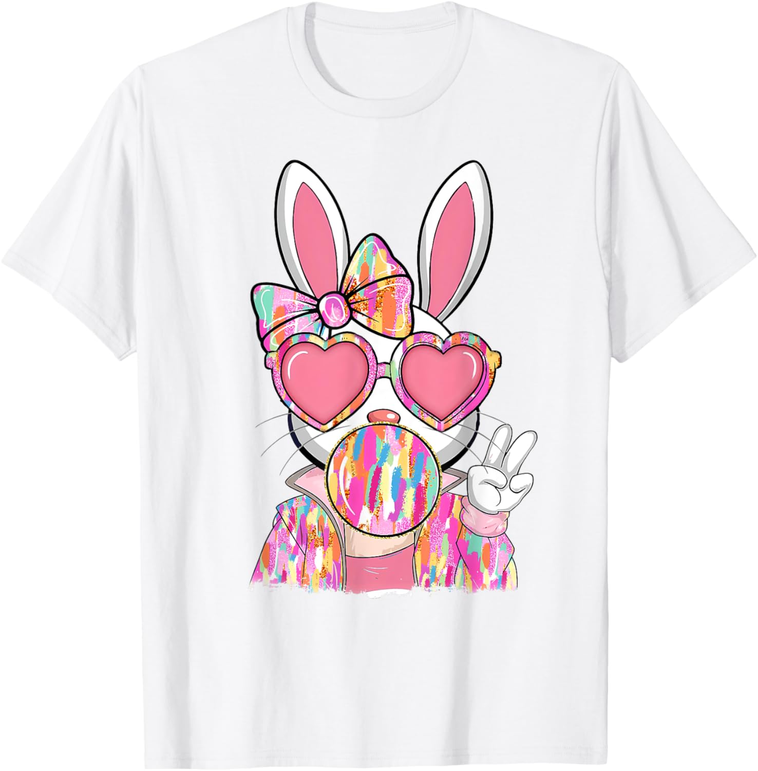 Cute Brushstroke Bunny Blowing Bubble Gum Easter Bow T-Shirt for Kids - 19