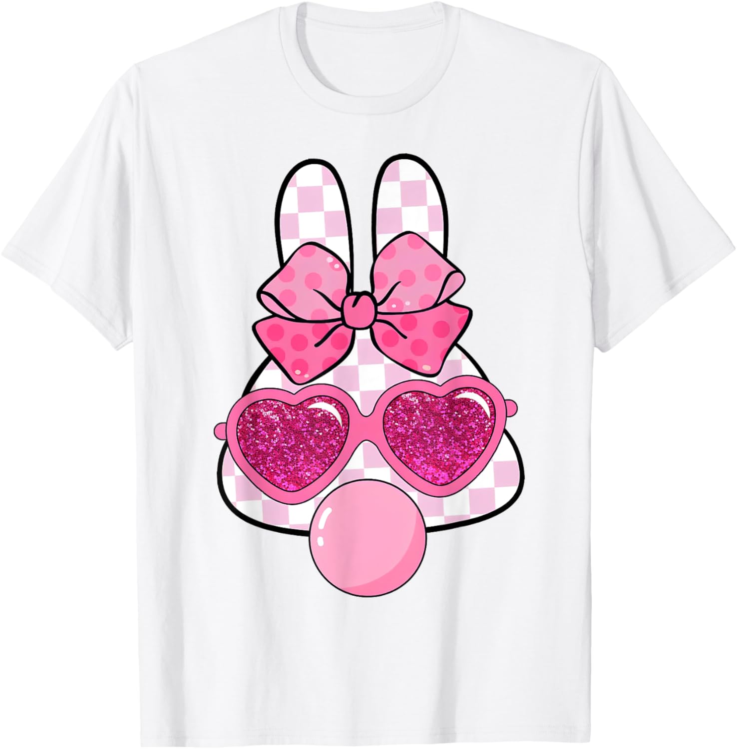 Checkered Bunny with Bubble Gum Coquette Bow Easter T-Shirt for Fun Style - 25