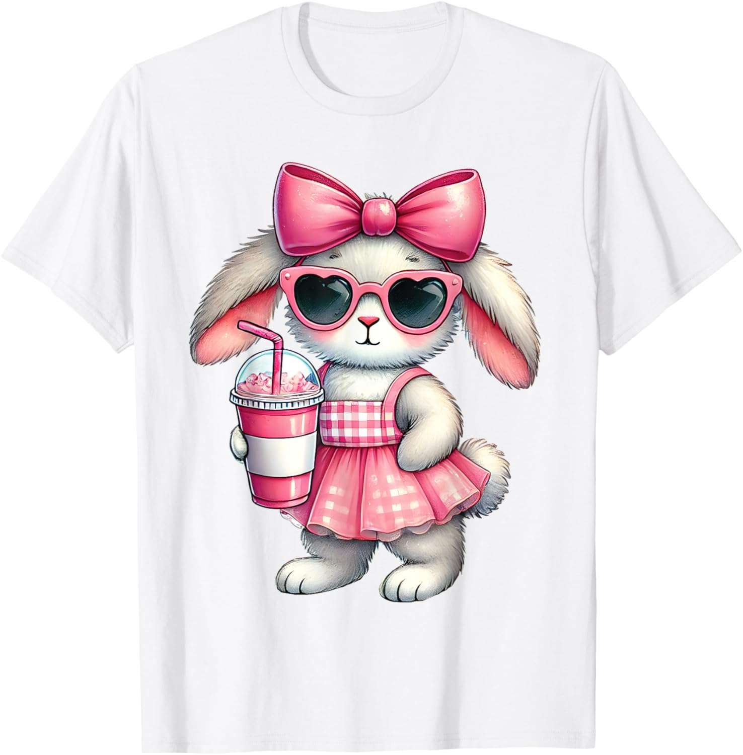Cute Easter Bunny Drinking Iced Coffee T-Shirt for Women and Girls - 6
