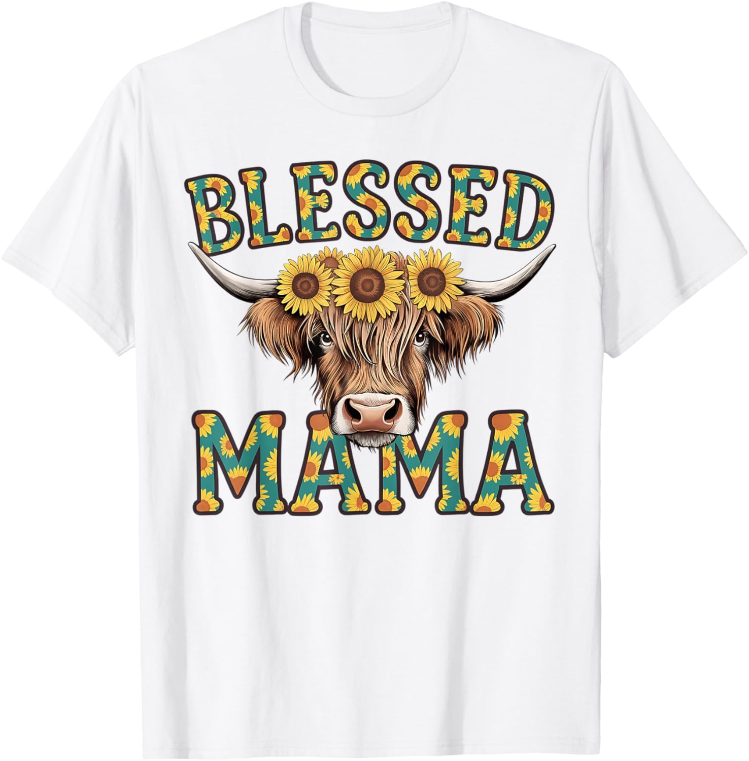 Cute Blessed Mama Highland Cow T-Shirt with Sunflowers for Mother's Day - 24