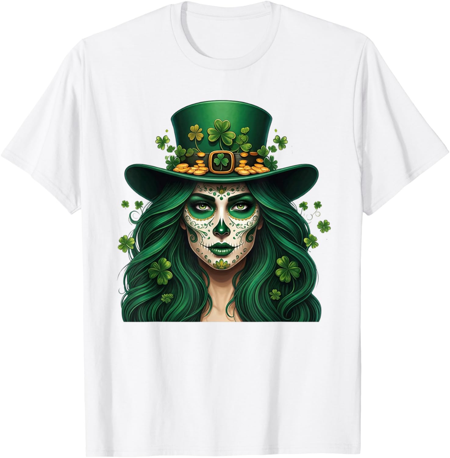 Cute Sugar Skull St Patrick's Day T-Shirt with Shamrock Design for Women - 7