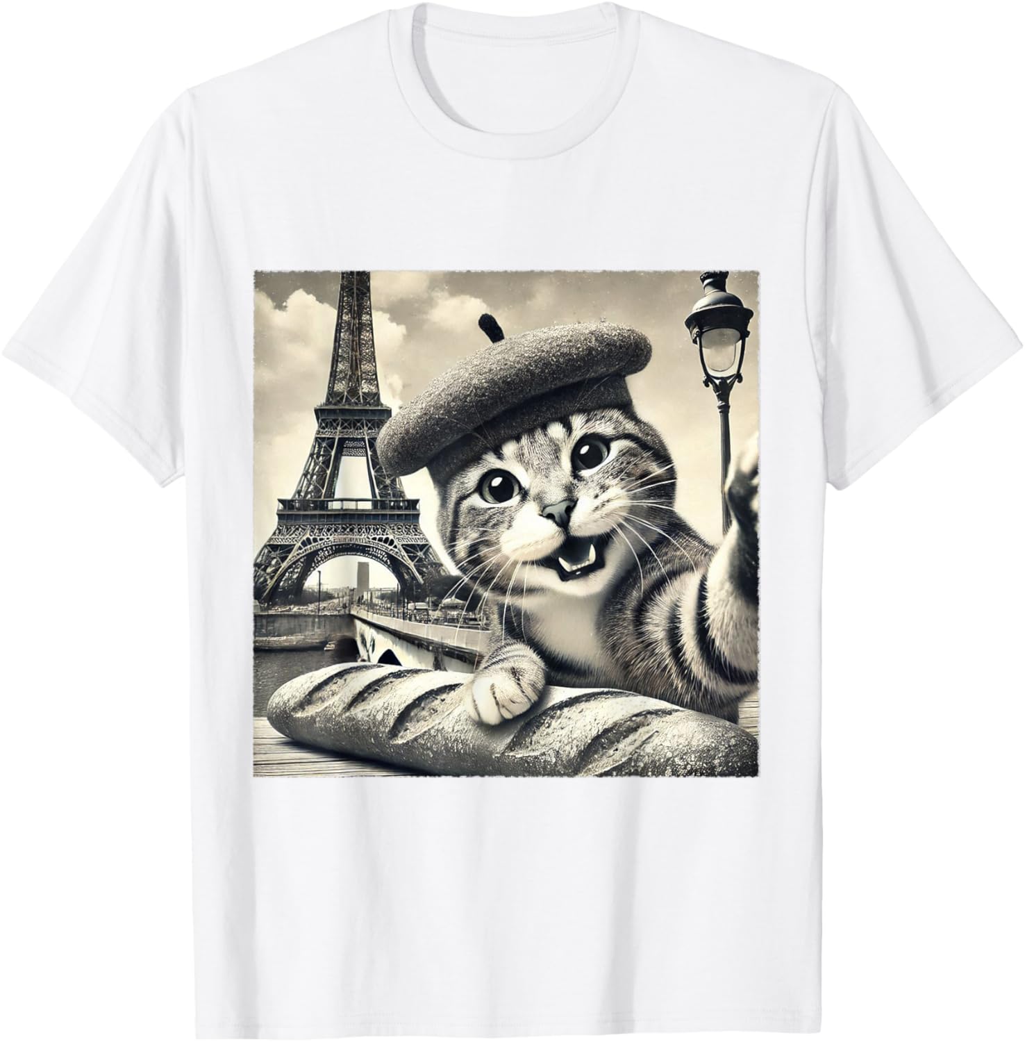 Funny Paris Cat in Beret with Baguette Eiffel Tower T-Shirt for Cat Lovers - 28
