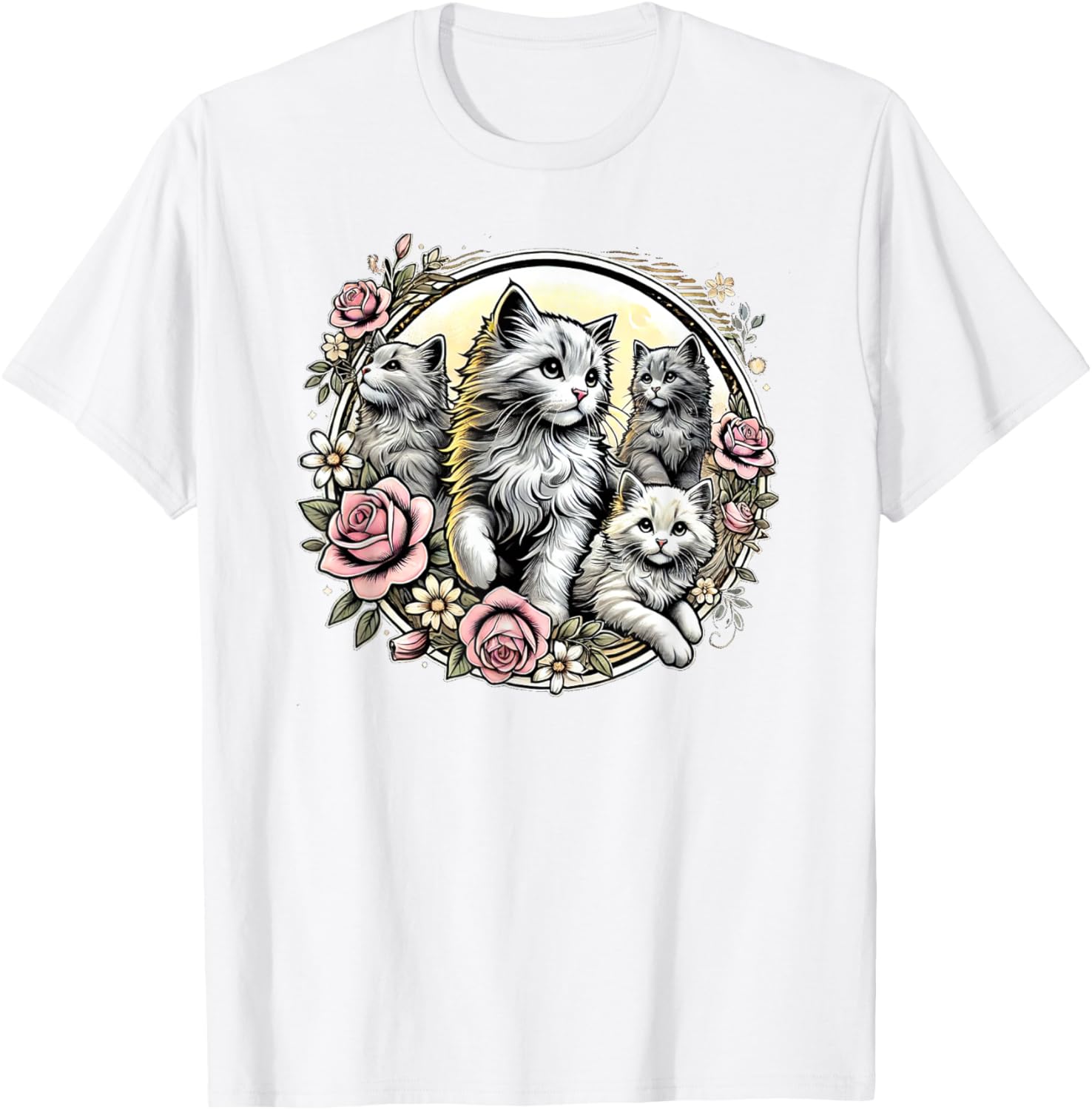 Cute Fluffy Kittens with Vintage Roses T-Shirt for Cat Lovers - 17