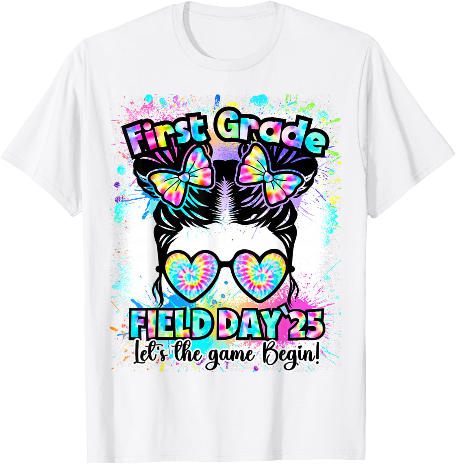 First Grade Field Day 2025 Messy Bun Teacher Kids T-Shirt Fun Design - 12