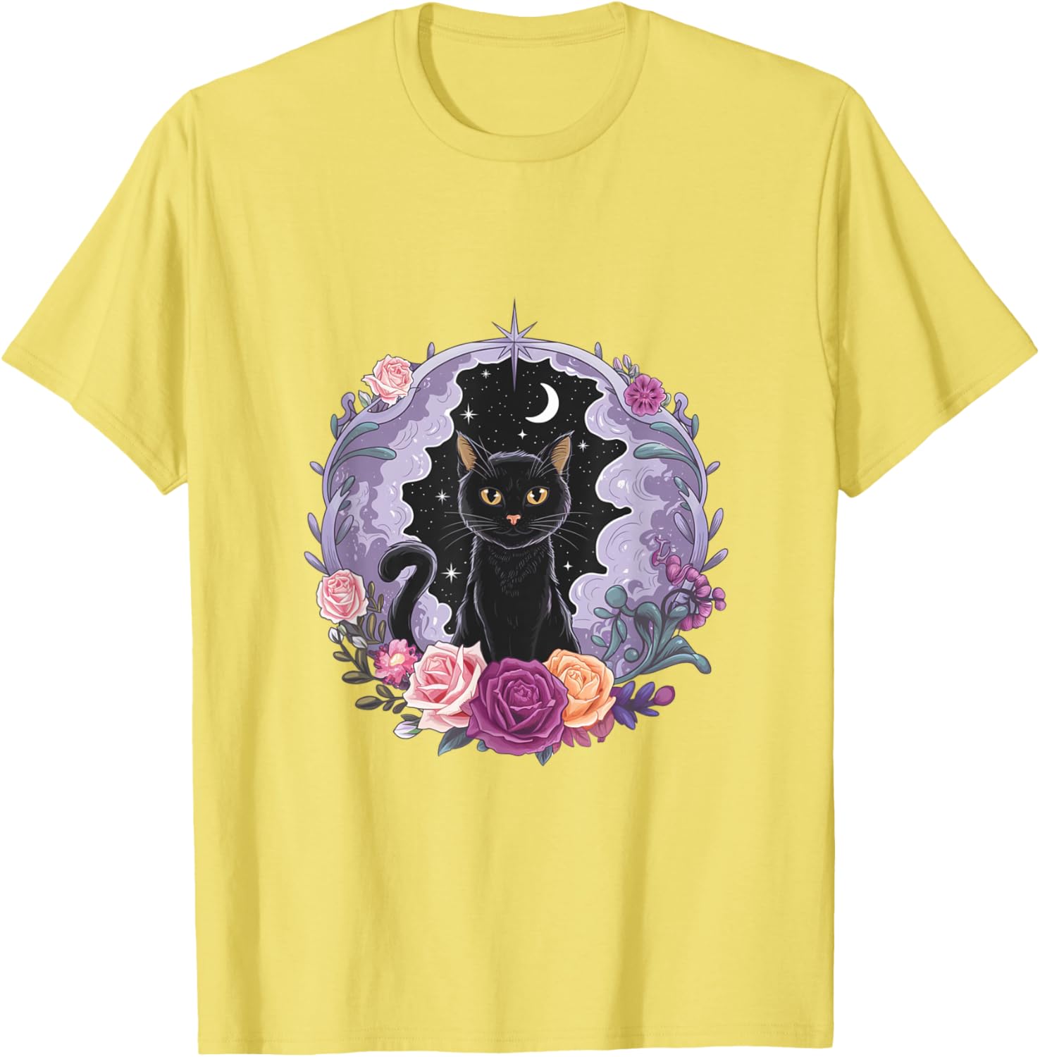 Cute Kawaii Purple Gothic T-Shirt with Black Cat and Moon Crystal Design - 19
