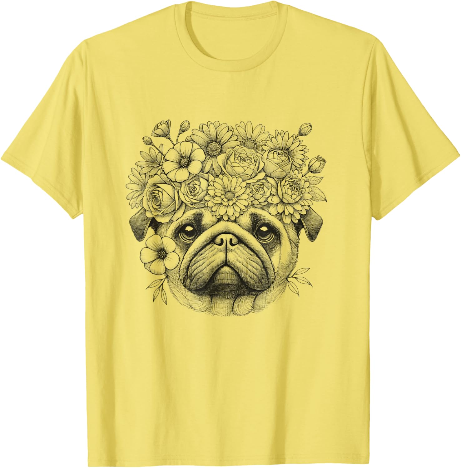 Floral Pug Face T-Shirt for Women and Girls – Cute Dog Design Apparel - 1