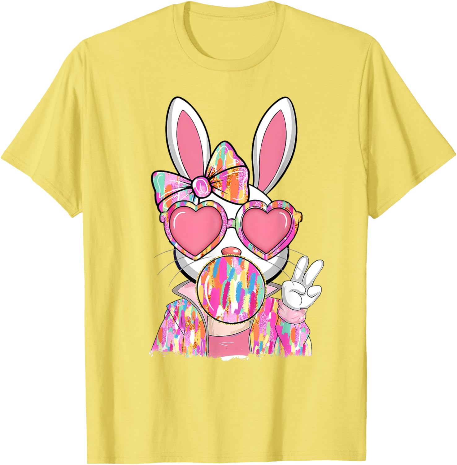 Cute Brushstroke Bunny Blowing Bubble Gum Easter Bow T-Shirt for Kids - 14