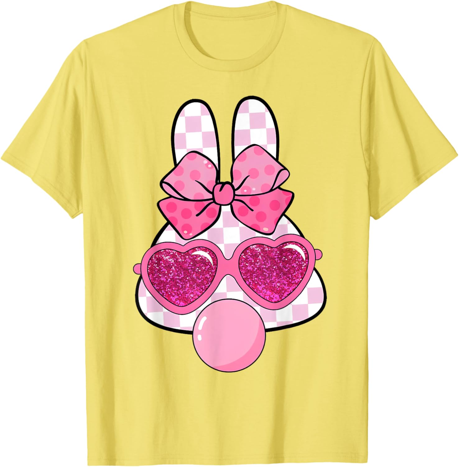 Checkered Bunny with Bubble Gum Coquette Bow Easter T-Shirt for Fun Style - 14
