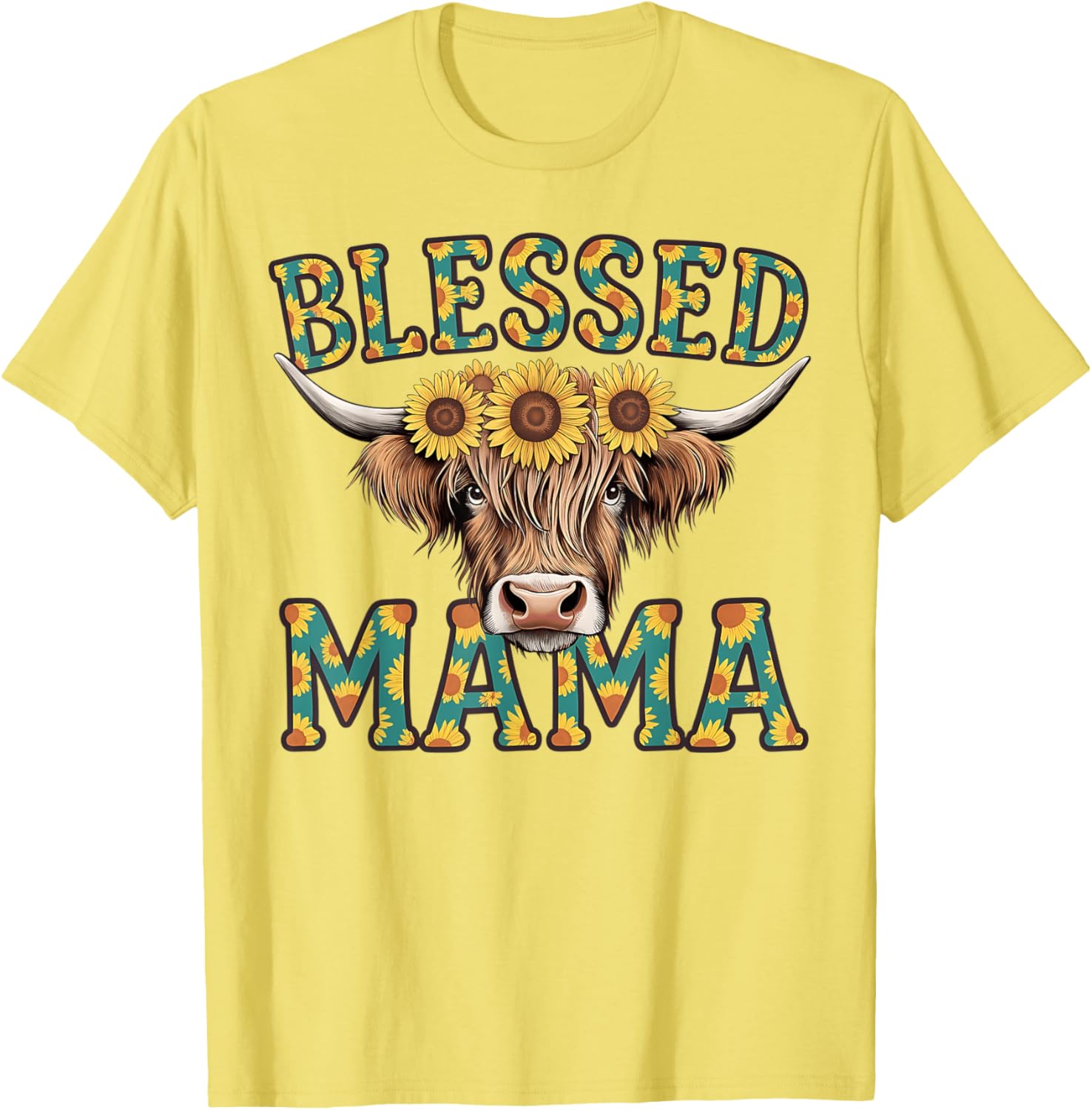 Cute Blessed Mama Highland Cow T-Shirt with Sunflowers for Mother's Day - 22