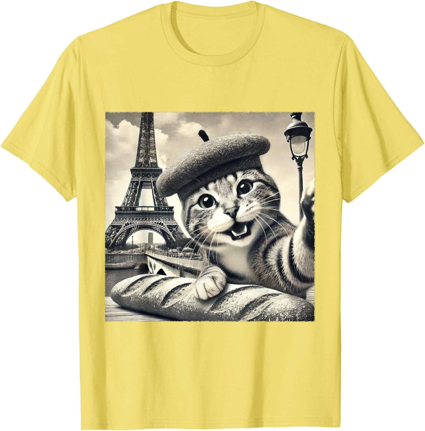 Funny Paris Cat in Beret with Baguette Eiffel Tower T-Shirt for Cat Lovers - 9