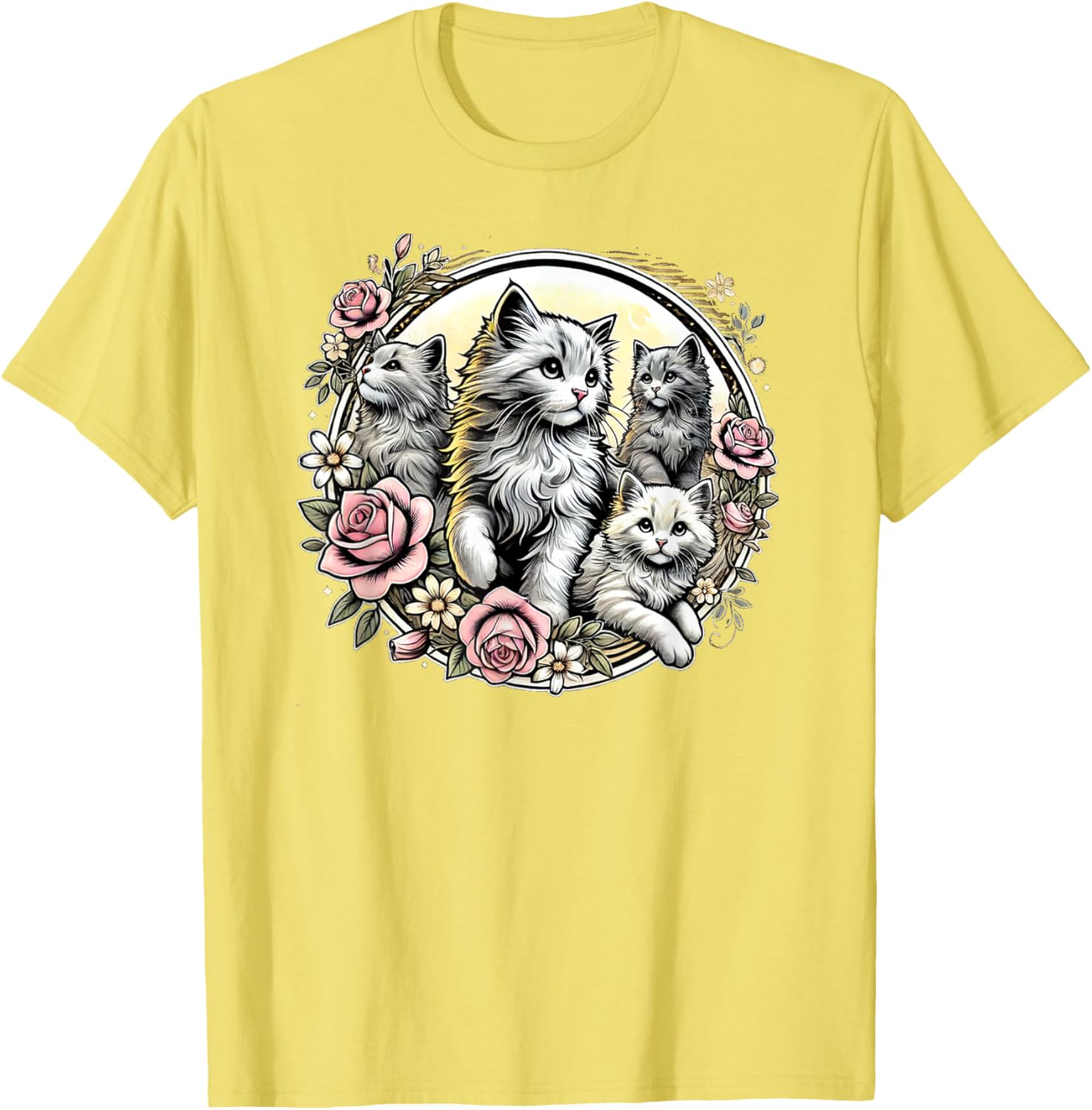 Cute Fluffy Kittens with Vintage Roses T-Shirt for Cat Lovers - 24