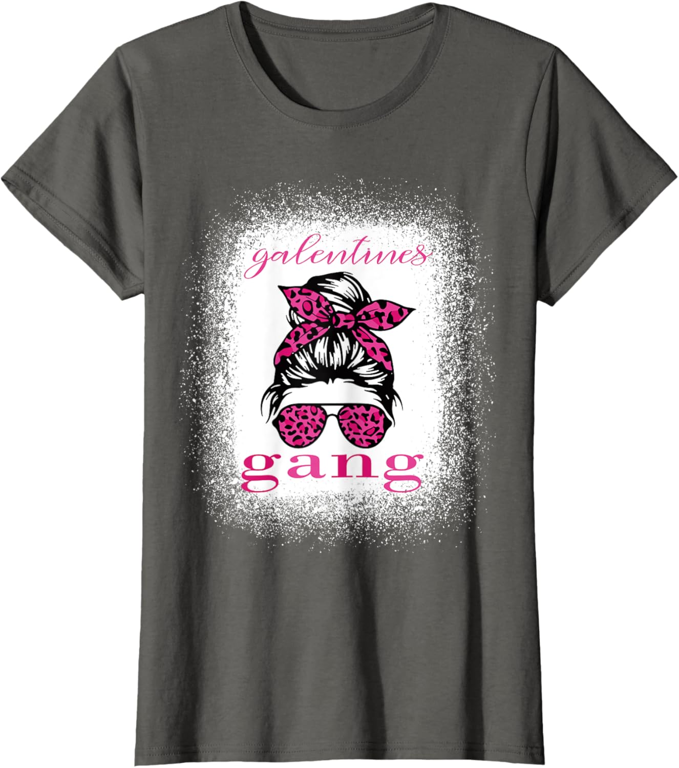 Galentine Gang Matching T-Shirt with Messy Bun Leopard Bleached Design - 2
