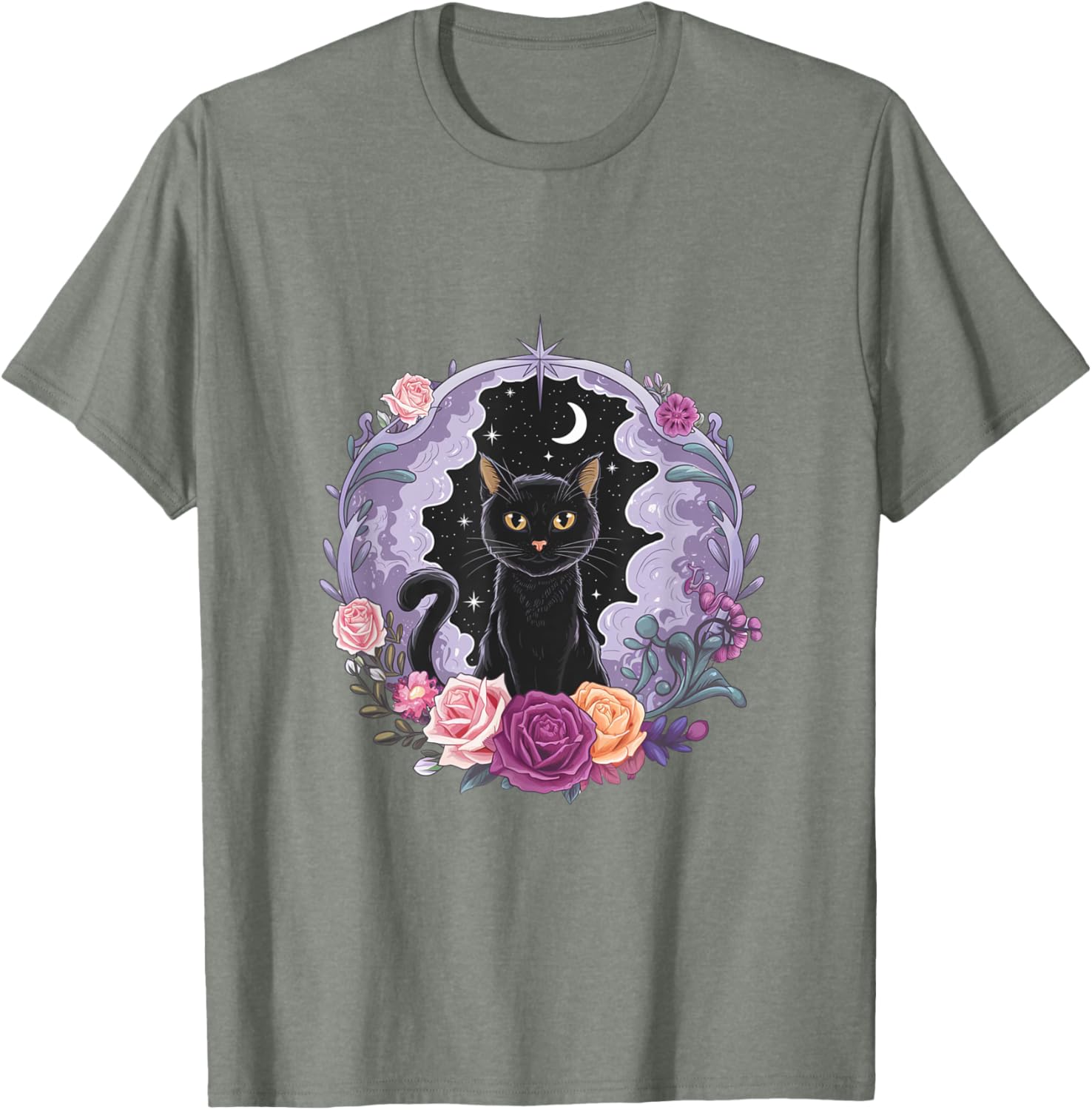 Cute Kawaii Purple Gothic T-Shirt with Black Cat and Moon Crystal Design - 16
