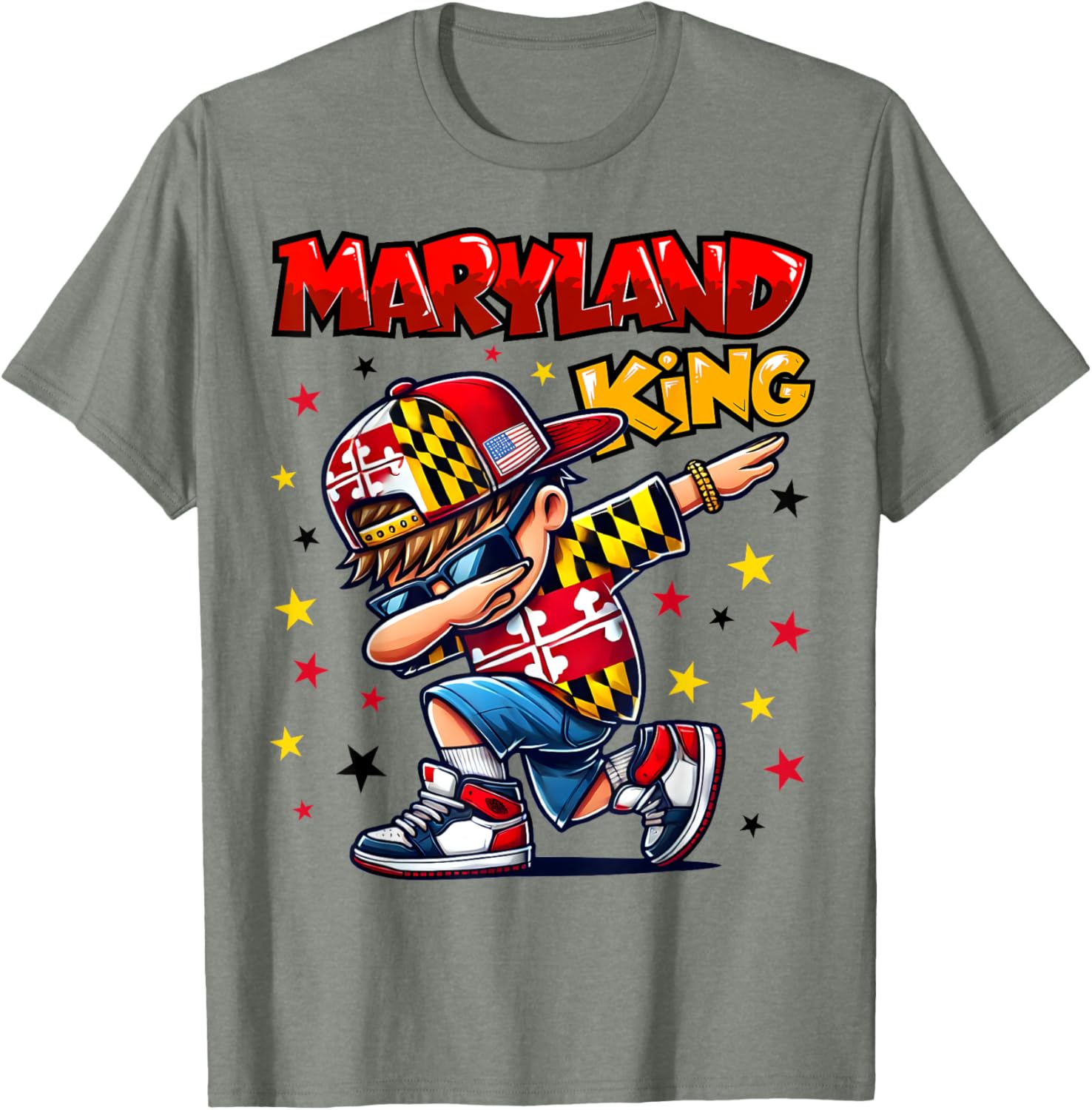 Cool Maryland King Dabbing T-Shirt for Kids Featuring State Flag Design - 7