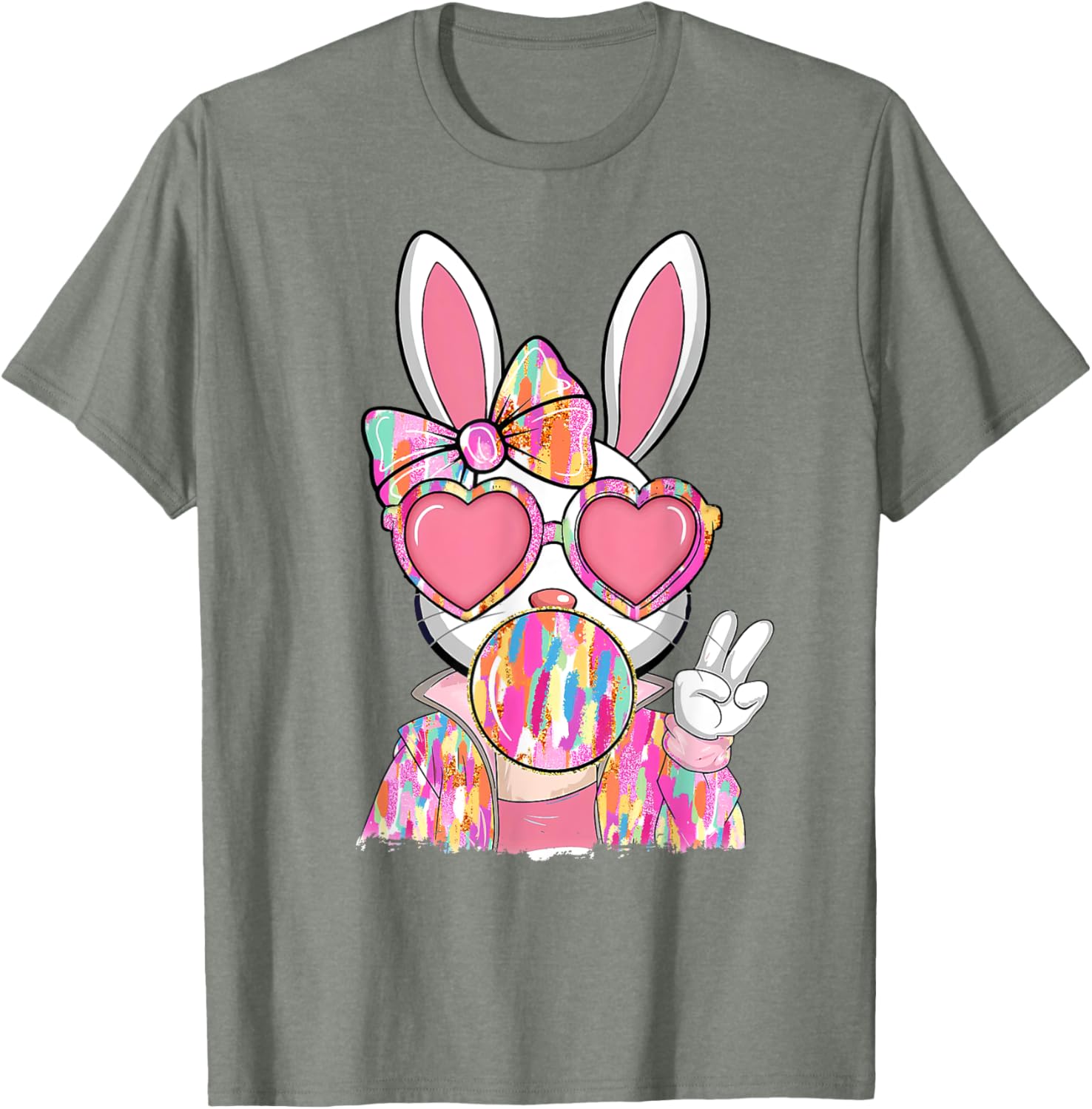 Cute Brushstroke Bunny Blowing Bubble Gum Easter Bow T-Shirt for Kids - 13