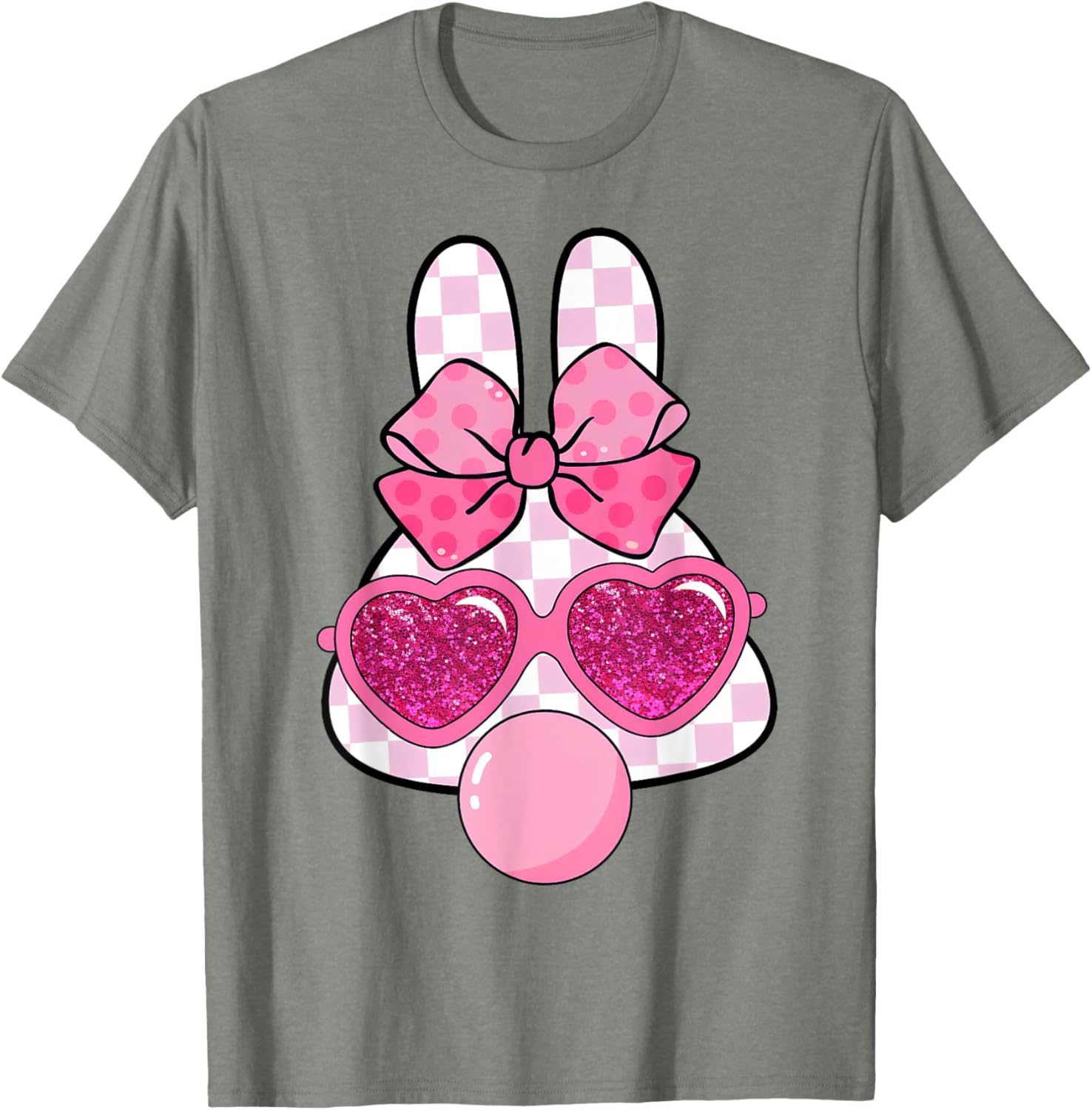 Checkered Bunny with Bubble Gum Coquette Bow Easter T-Shirt for Fun Style - 5