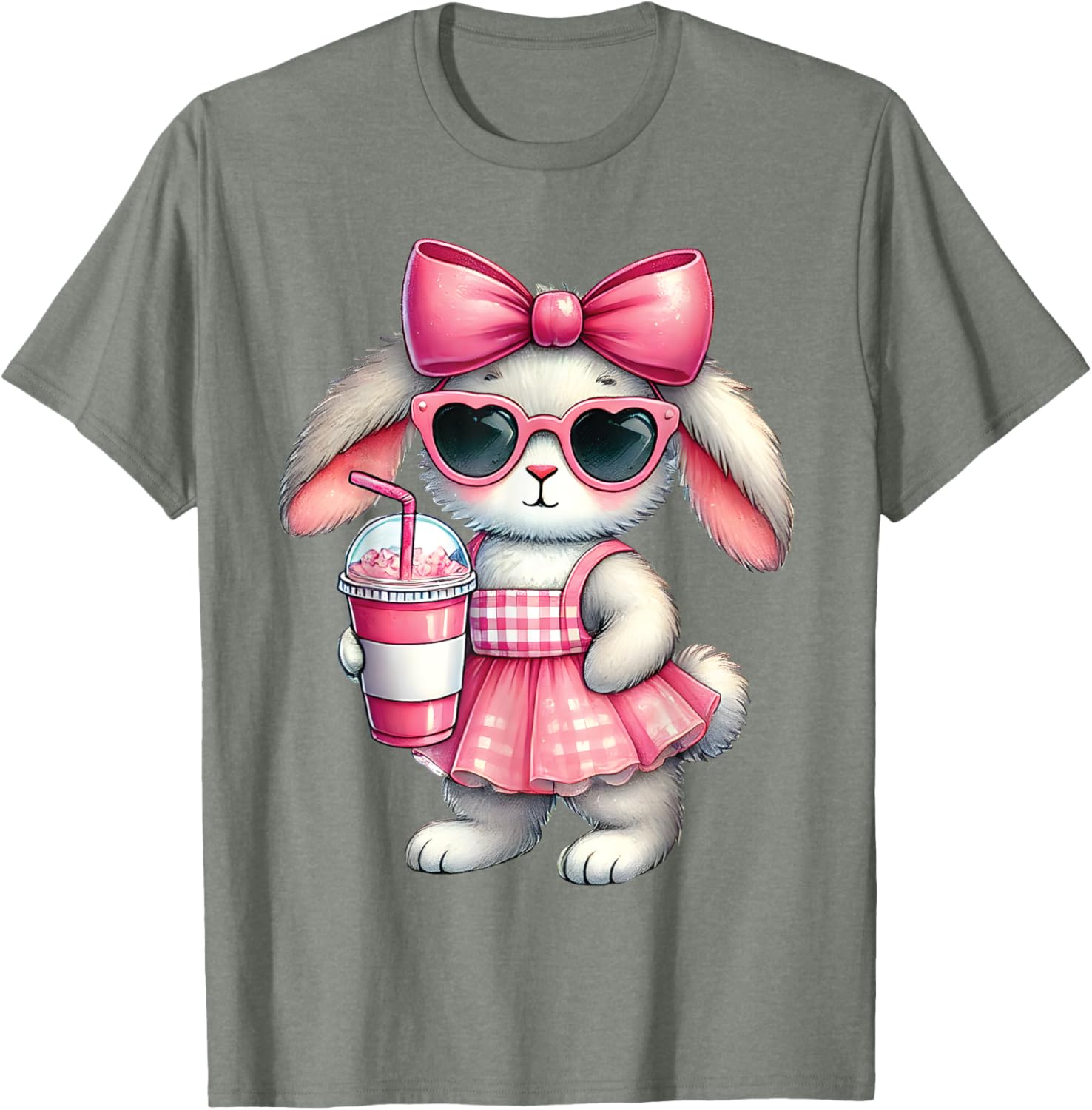 Cute Easter Bunny Drinking Iced Coffee T-Shirt for Women and Girls - 13