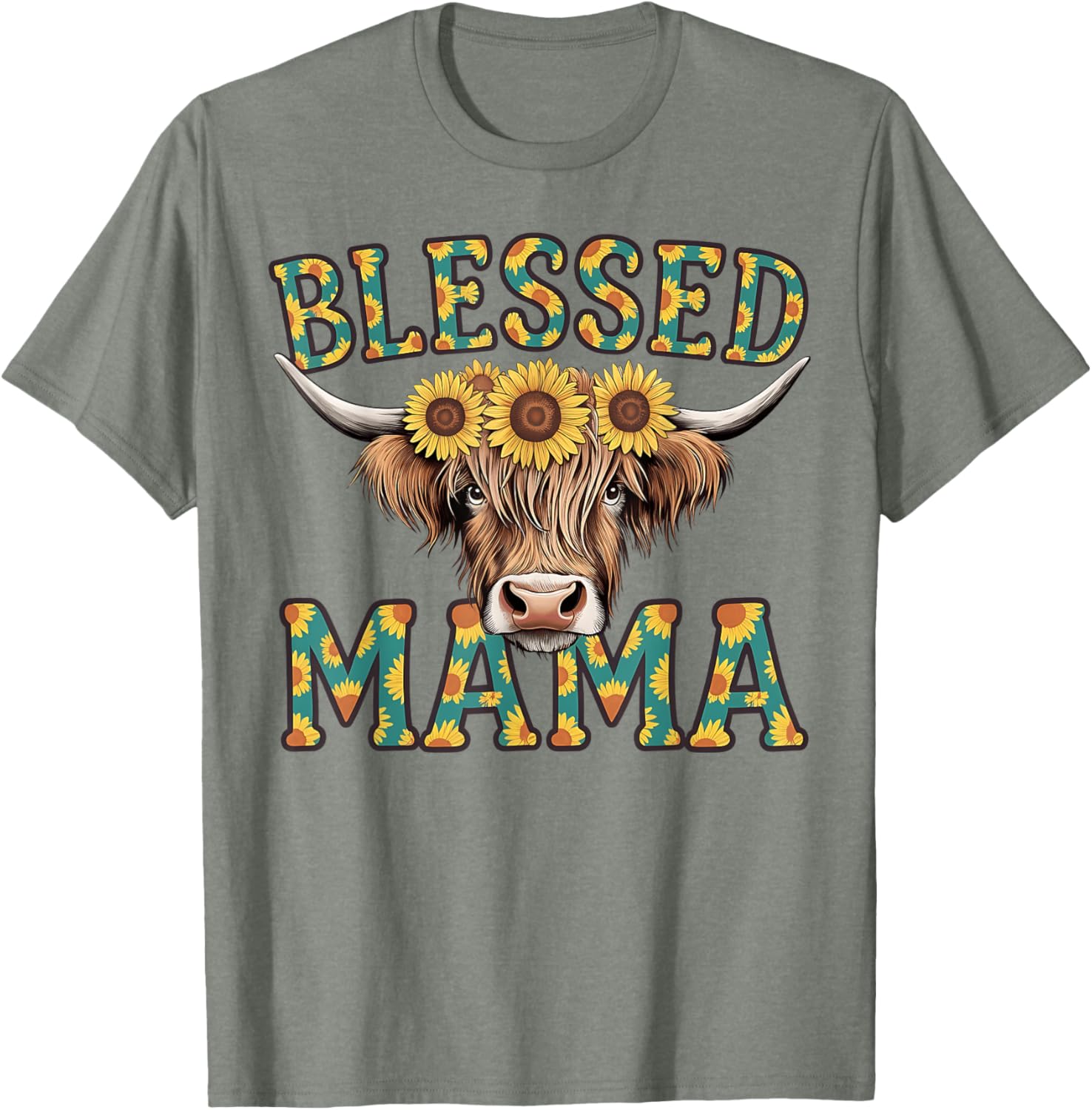 Cute Blessed Mama Highland Cow T-Shirt with Sunflowers for Mother's Day - 4