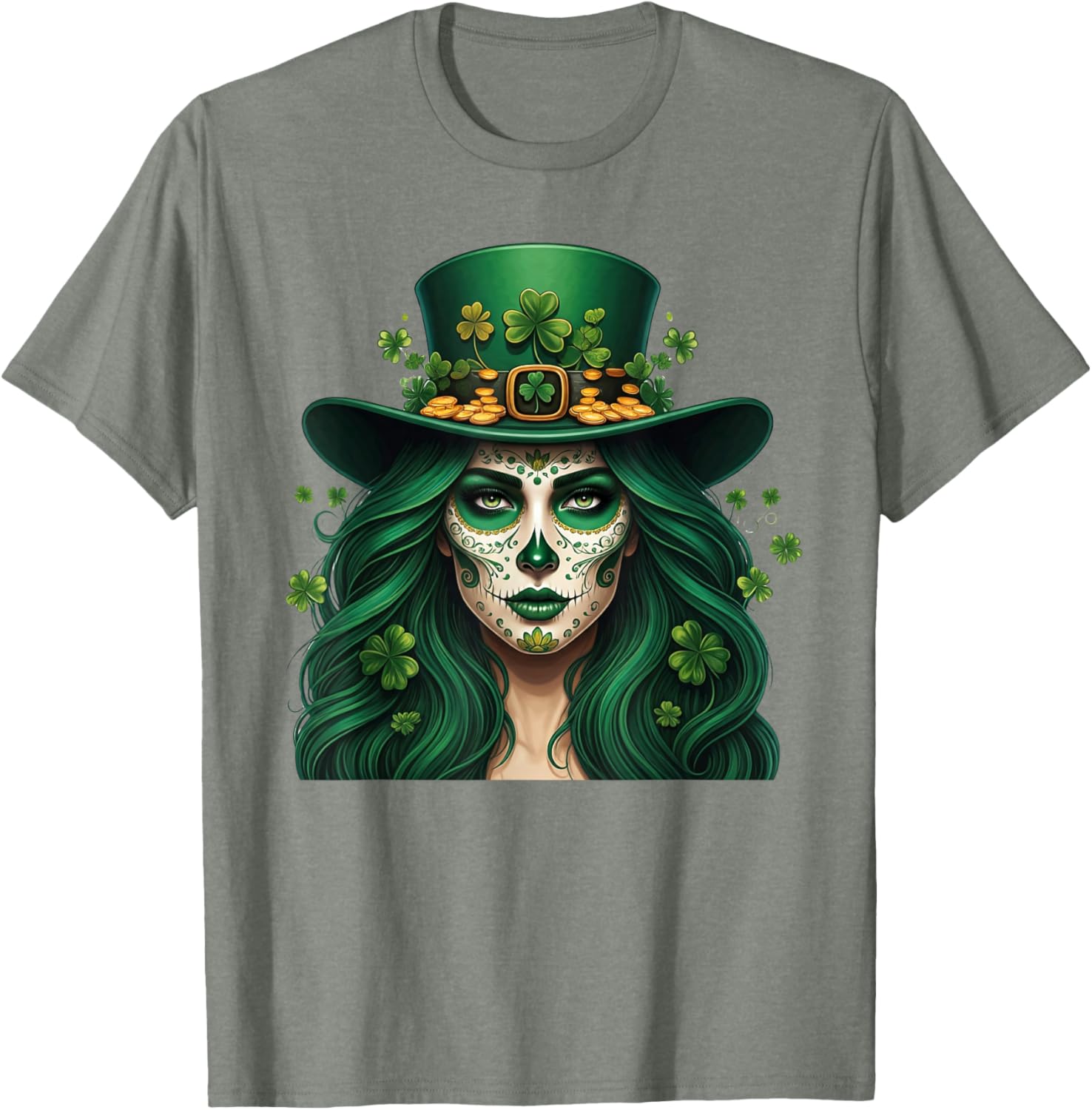 Cute Sugar Skull St Patrick's Day T-Shirt with Shamrock Design for Women - 5