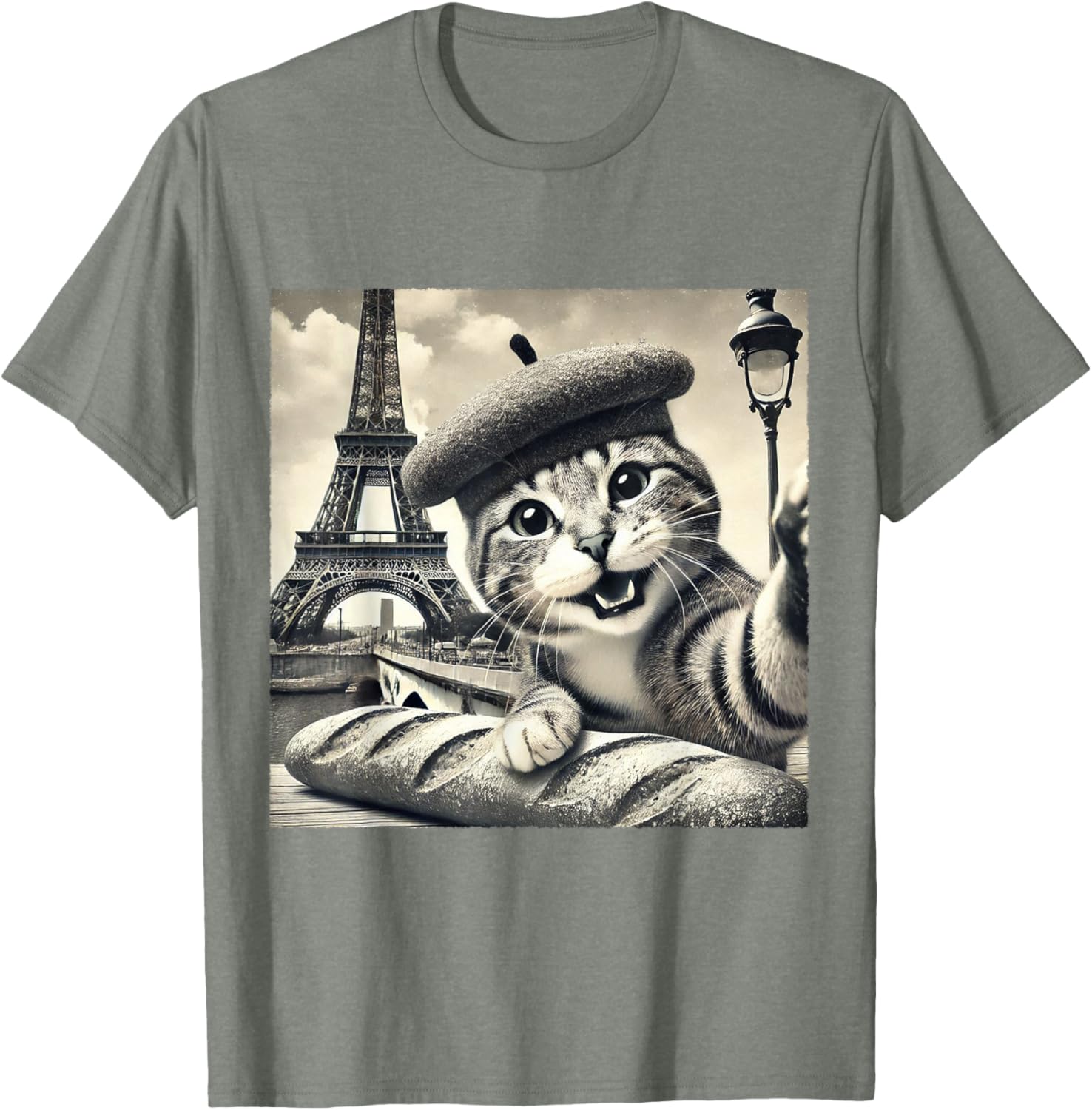 Funny Paris Cat in Beret with Baguette Eiffel Tower T-Shirt for Cat Lovers - 14