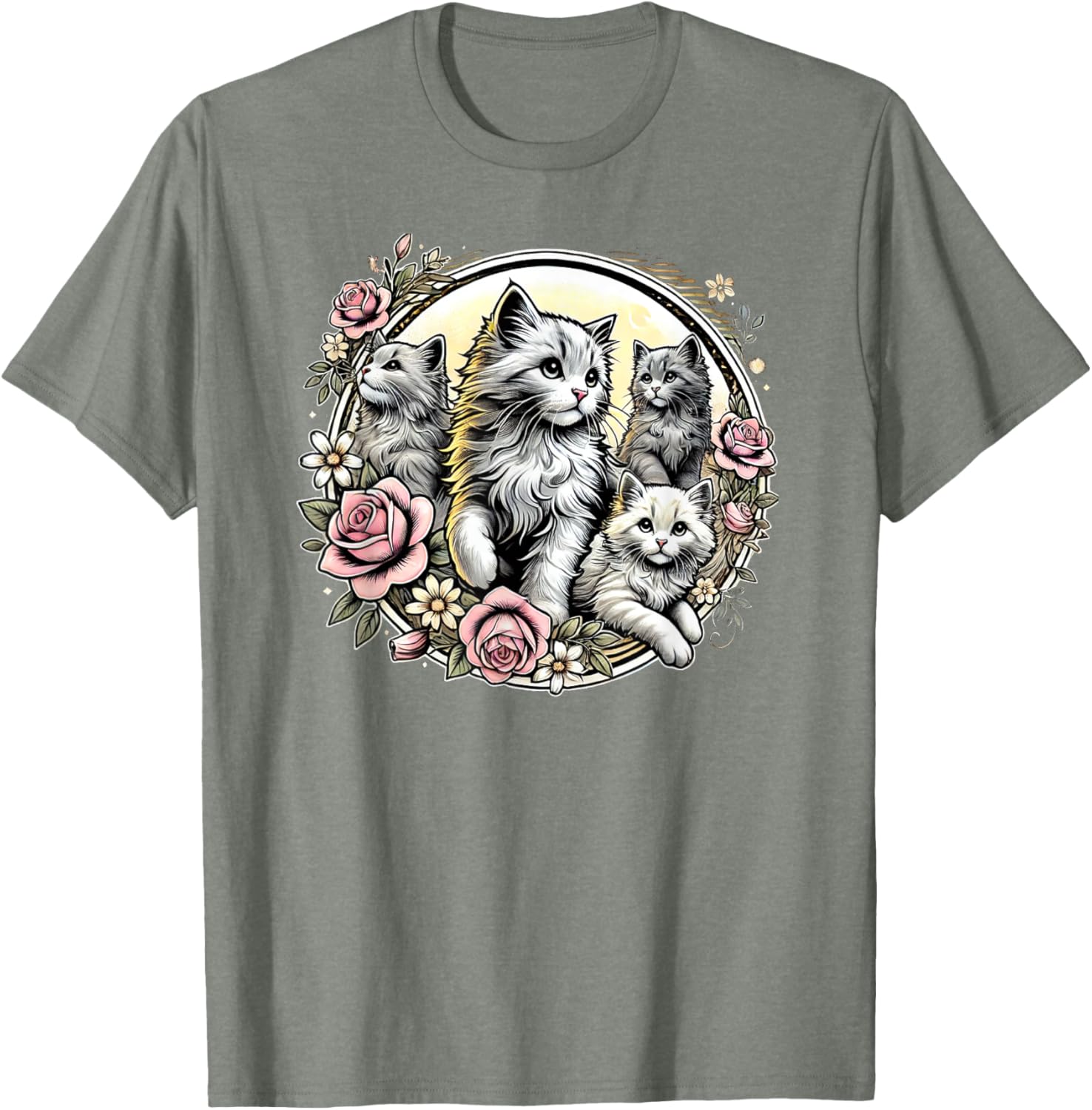 Cute Fluffy Kittens with Vintage Roses T-Shirt for Cat Lovers - 28