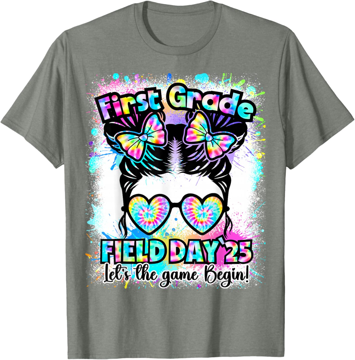 First Grade Field Day 2025 Messy Bun Teacher Kids T-Shirt Fun Design - 2