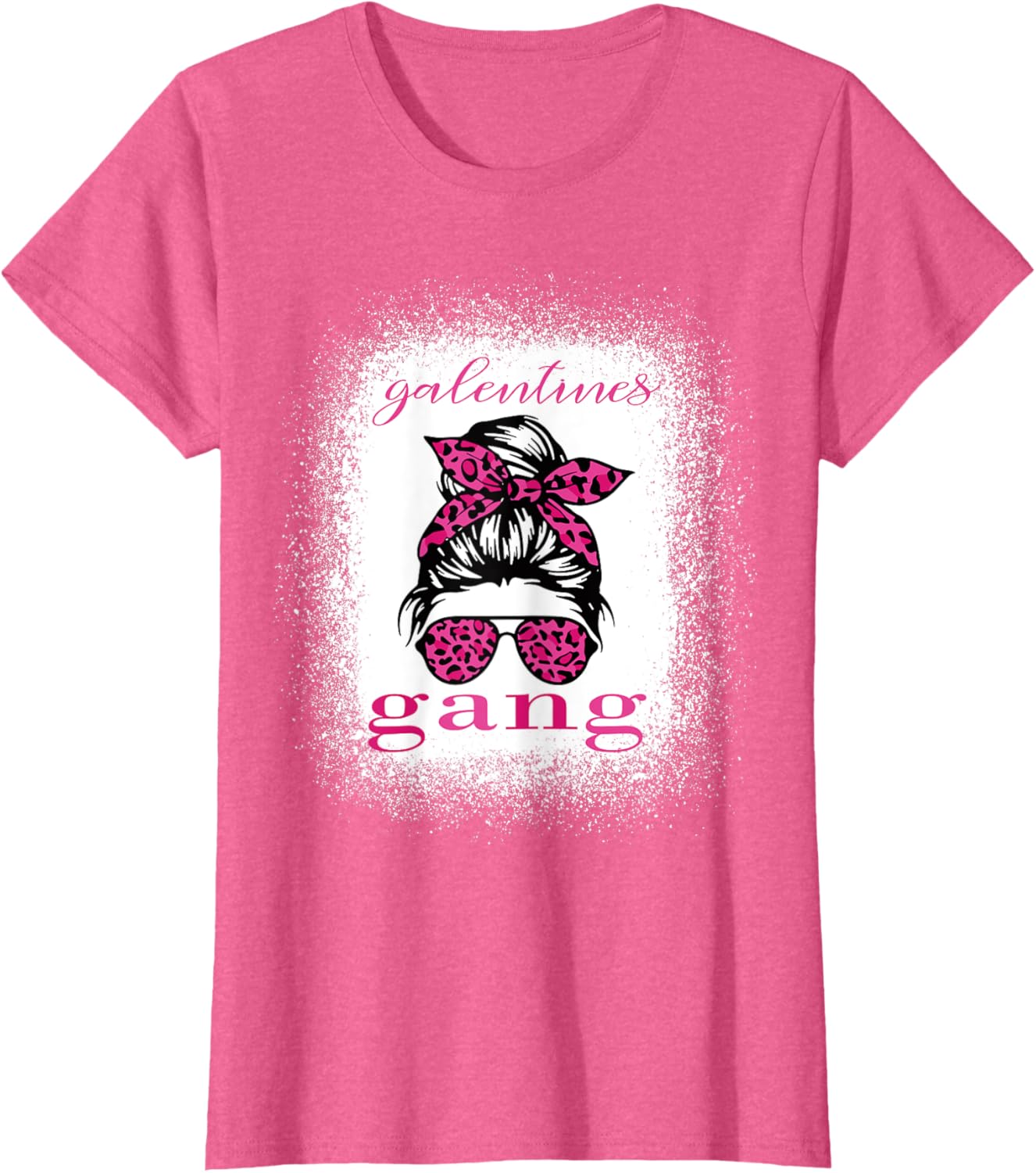 Galentine Gang Matching T-Shirt with Messy Bun Leopard Bleached Design - 24