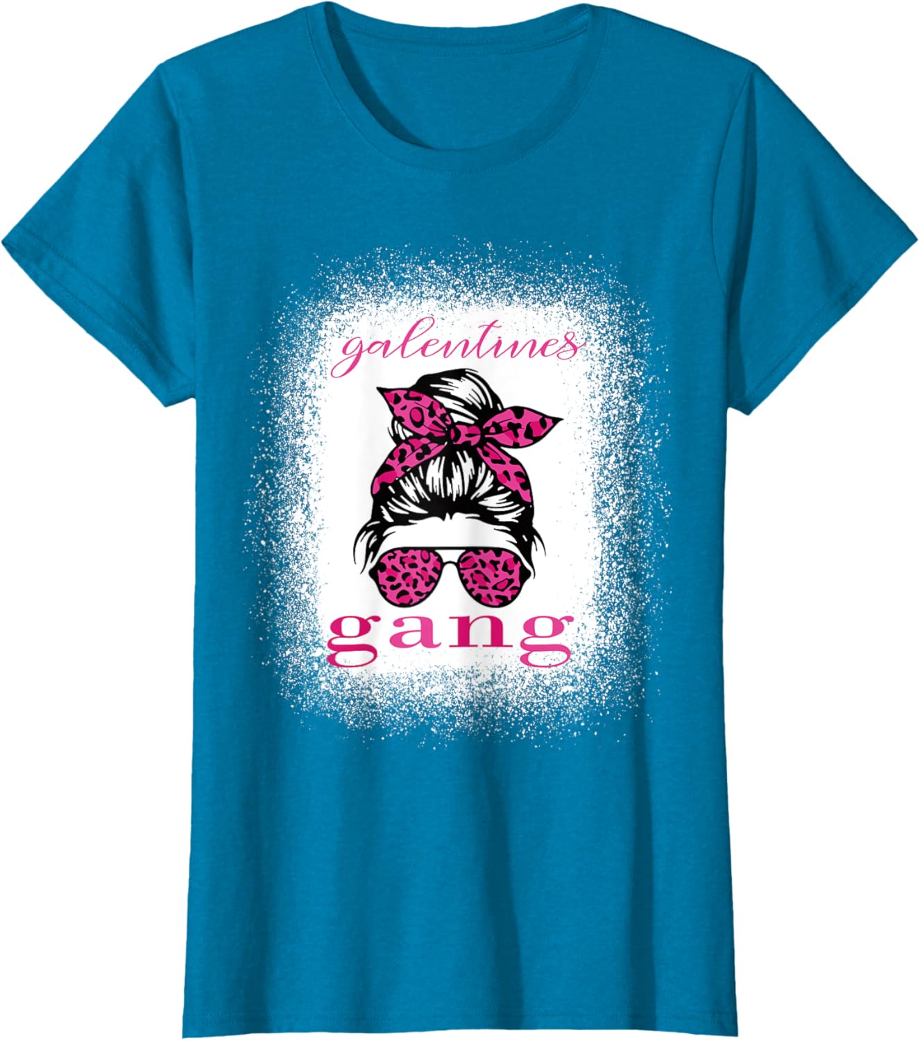 Galentine Gang Matching T-Shirt with Messy Bun Leopard Bleached Design - 20