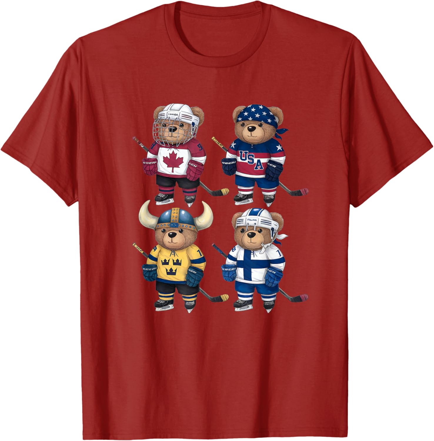 Four Nations Battle Teddy Bear Hockey Player T-Shirt for Fans - 4