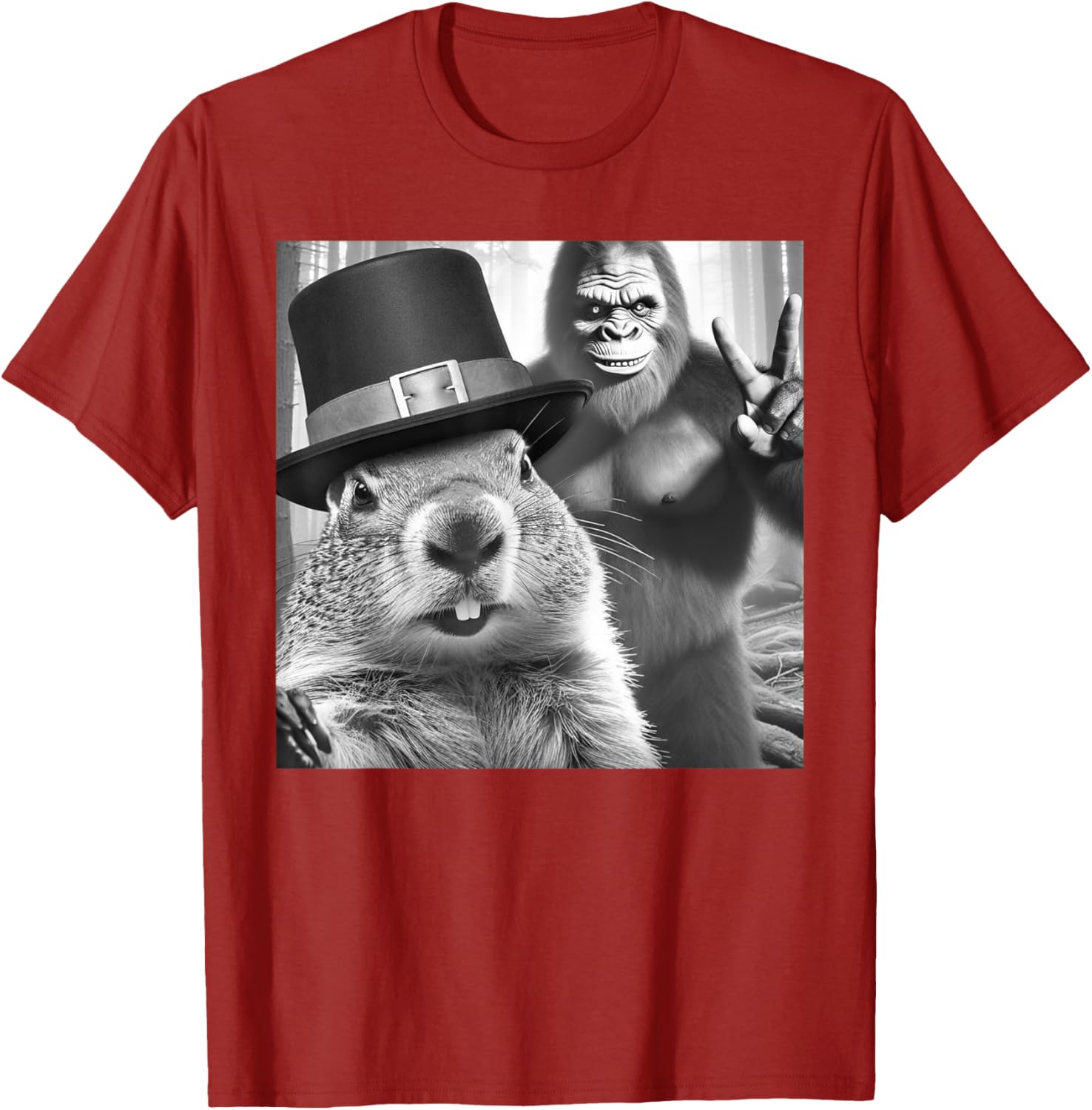 Funny Groundhog Day T-Shirt with Groundhog Taking Selfie with Bigfoot - 1