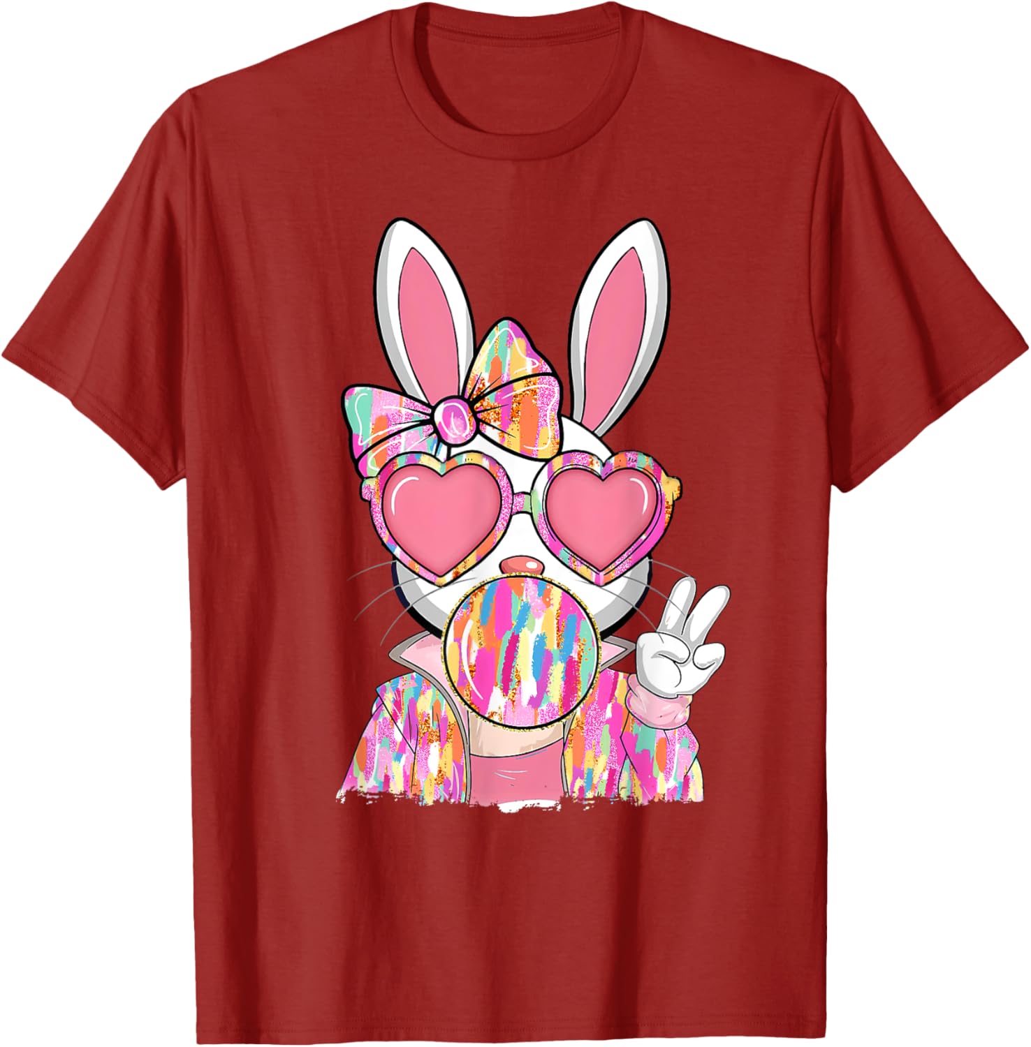 Cute Brushstroke Bunny Blowing Bubble Gum Easter Bow T-Shirt for Kids - 16