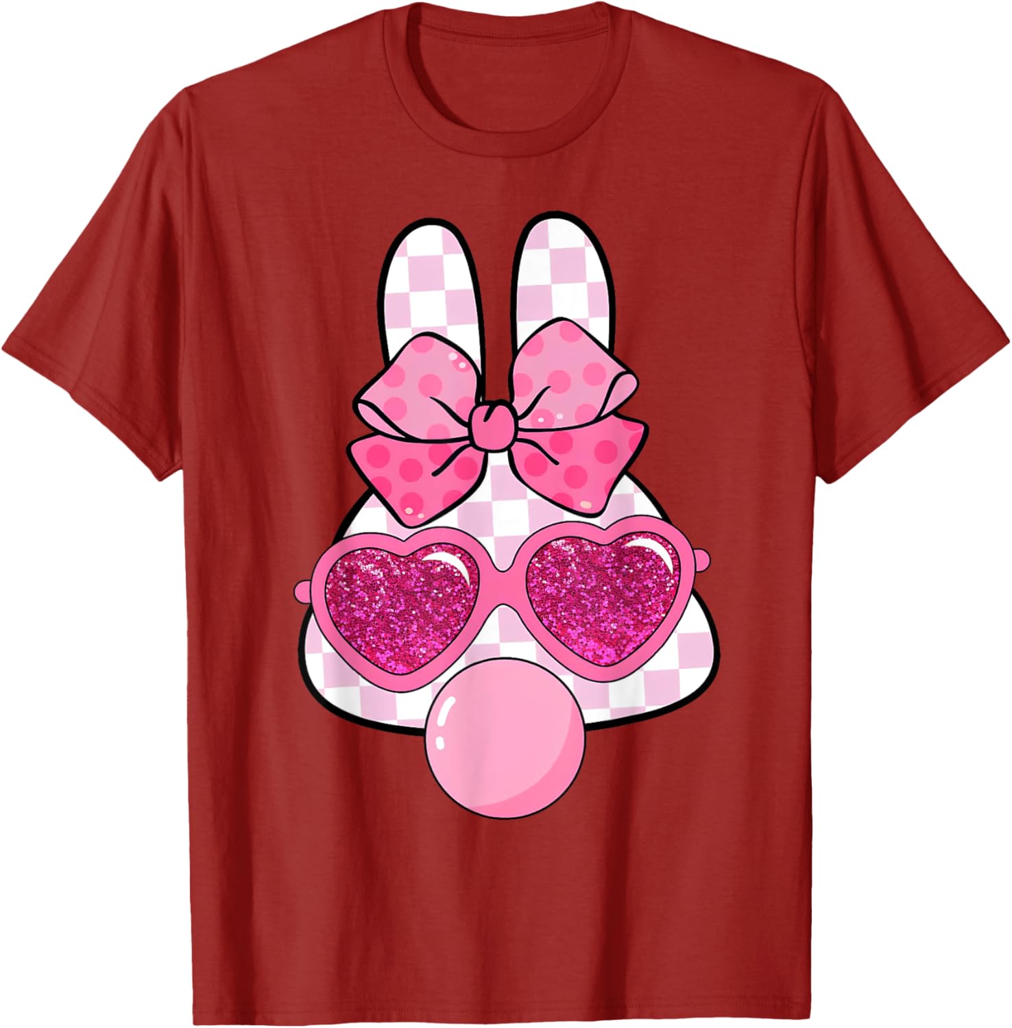 Checkered Bunny with Bubble Gum Coquette Bow Easter T-Shirt for Fun Style - 20
