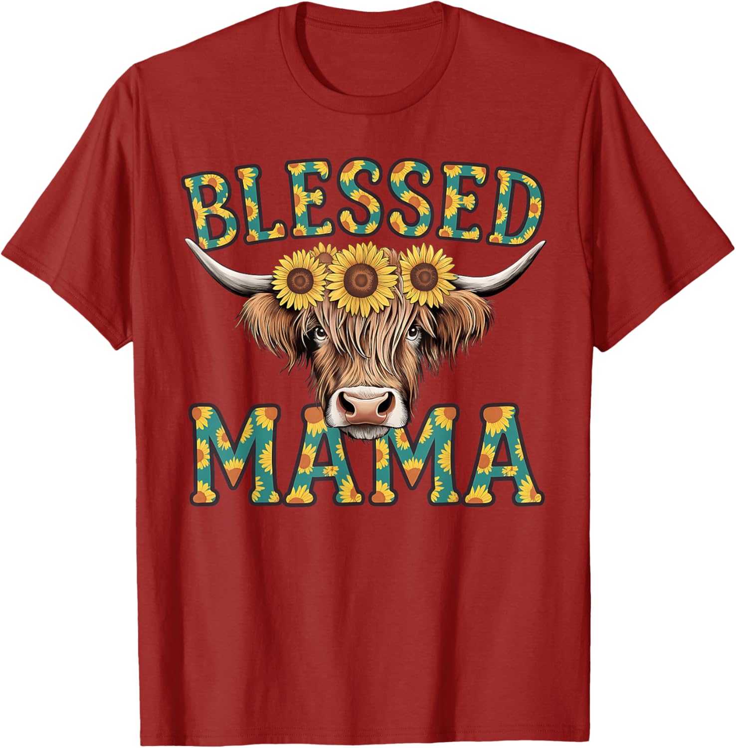 Cute Blessed Mama Highland Cow T-Shirt with Sunflowers for Mother's Day - 10