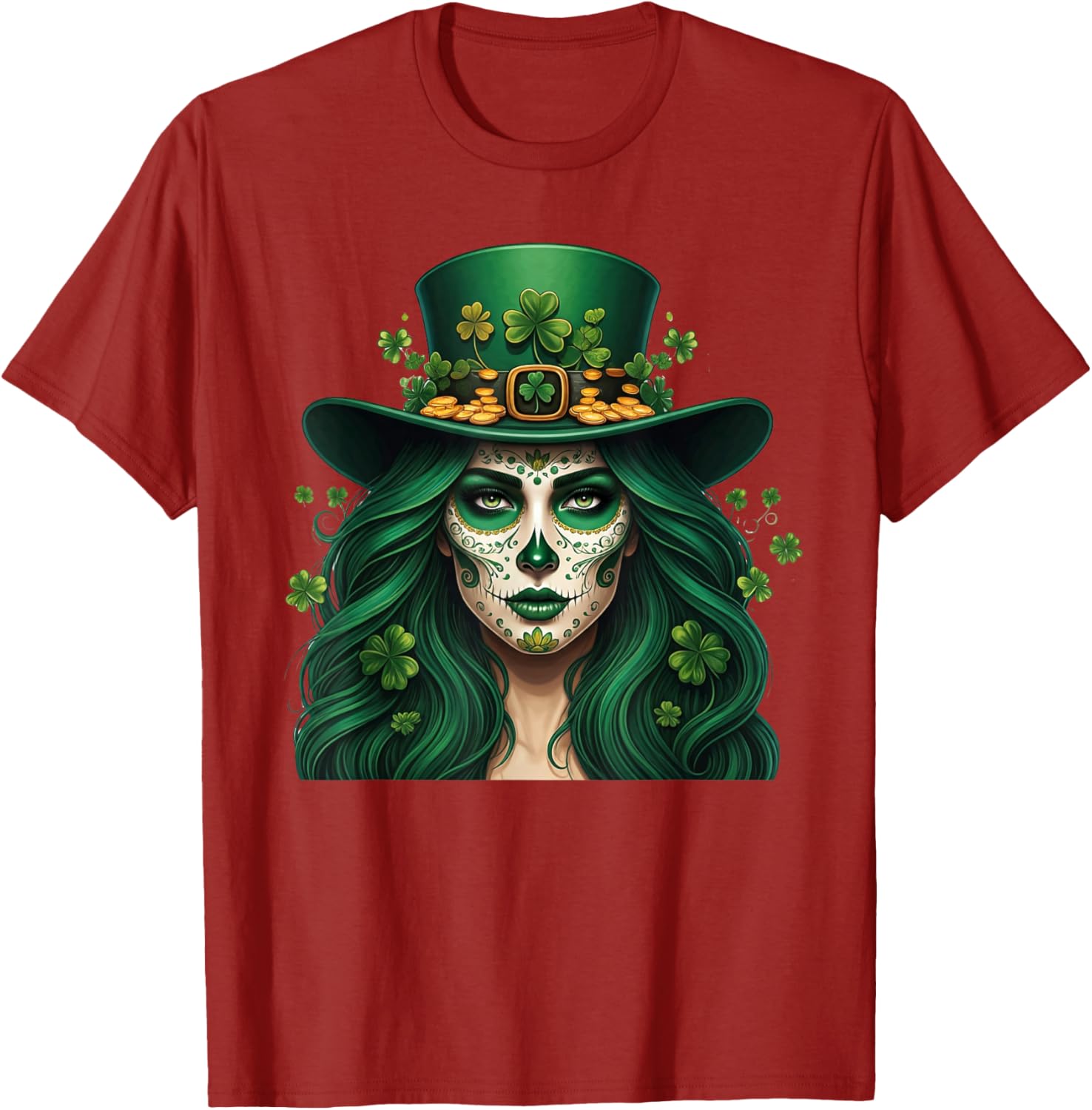 Cute Sugar Skull St Patrick's Day T-Shirt with Shamrock Design for Women - 9
