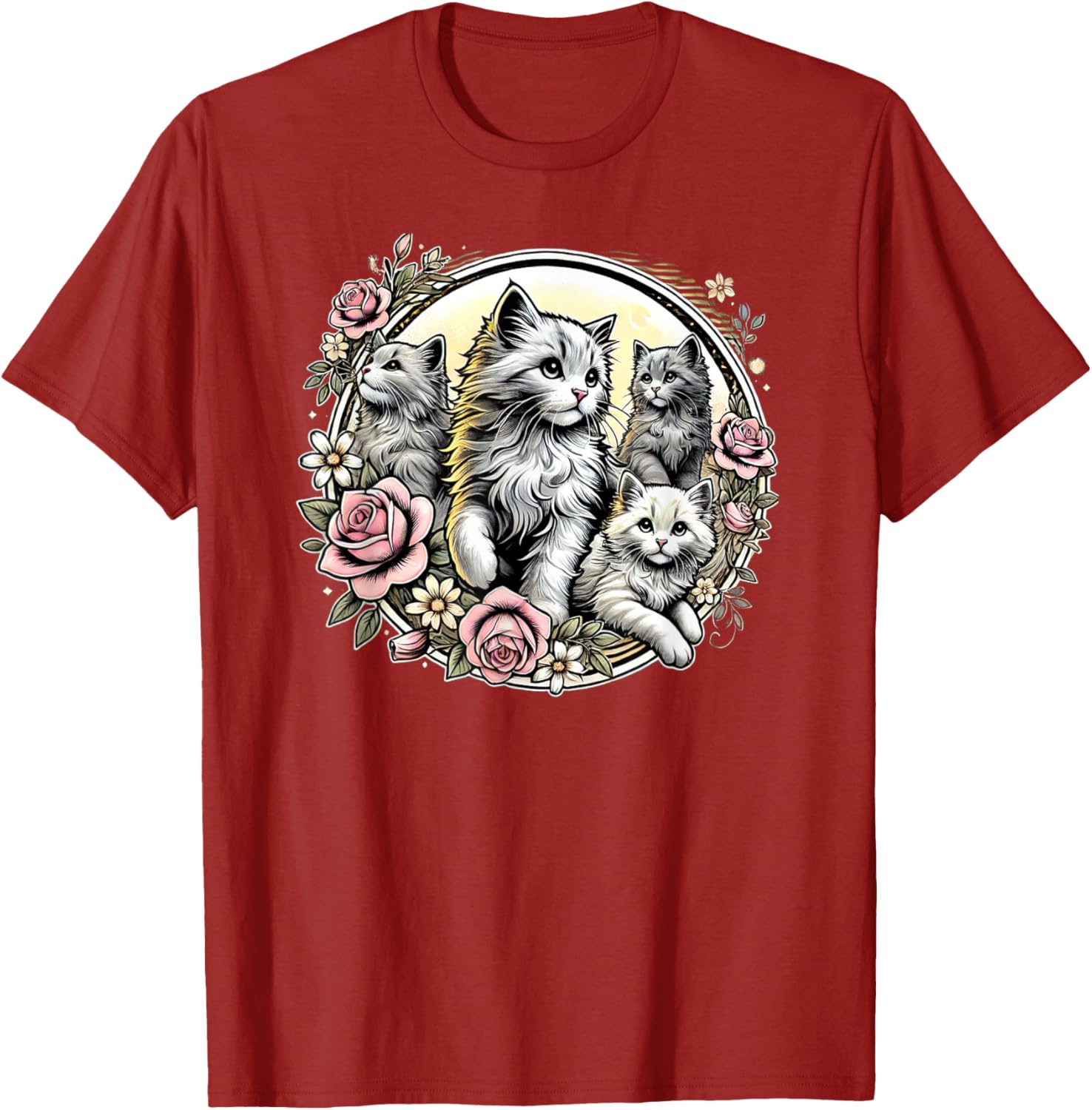 Cute Fluffy Kittens with Vintage Roses T-Shirt for Cat Lovers - 10