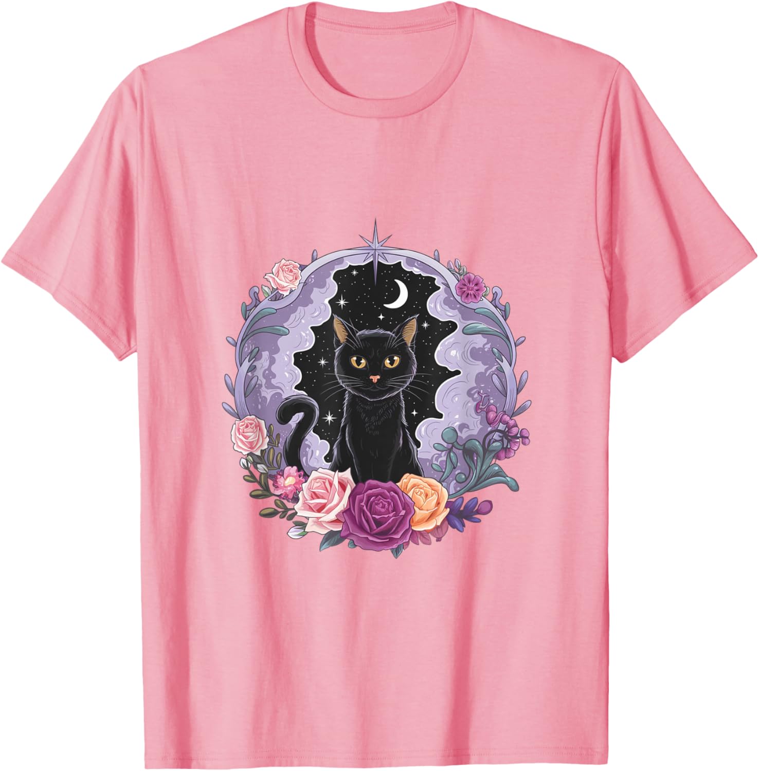 Cute Kawaii Purple Gothic T-Shirt with Black Cat and Moon Crystal Design - 11