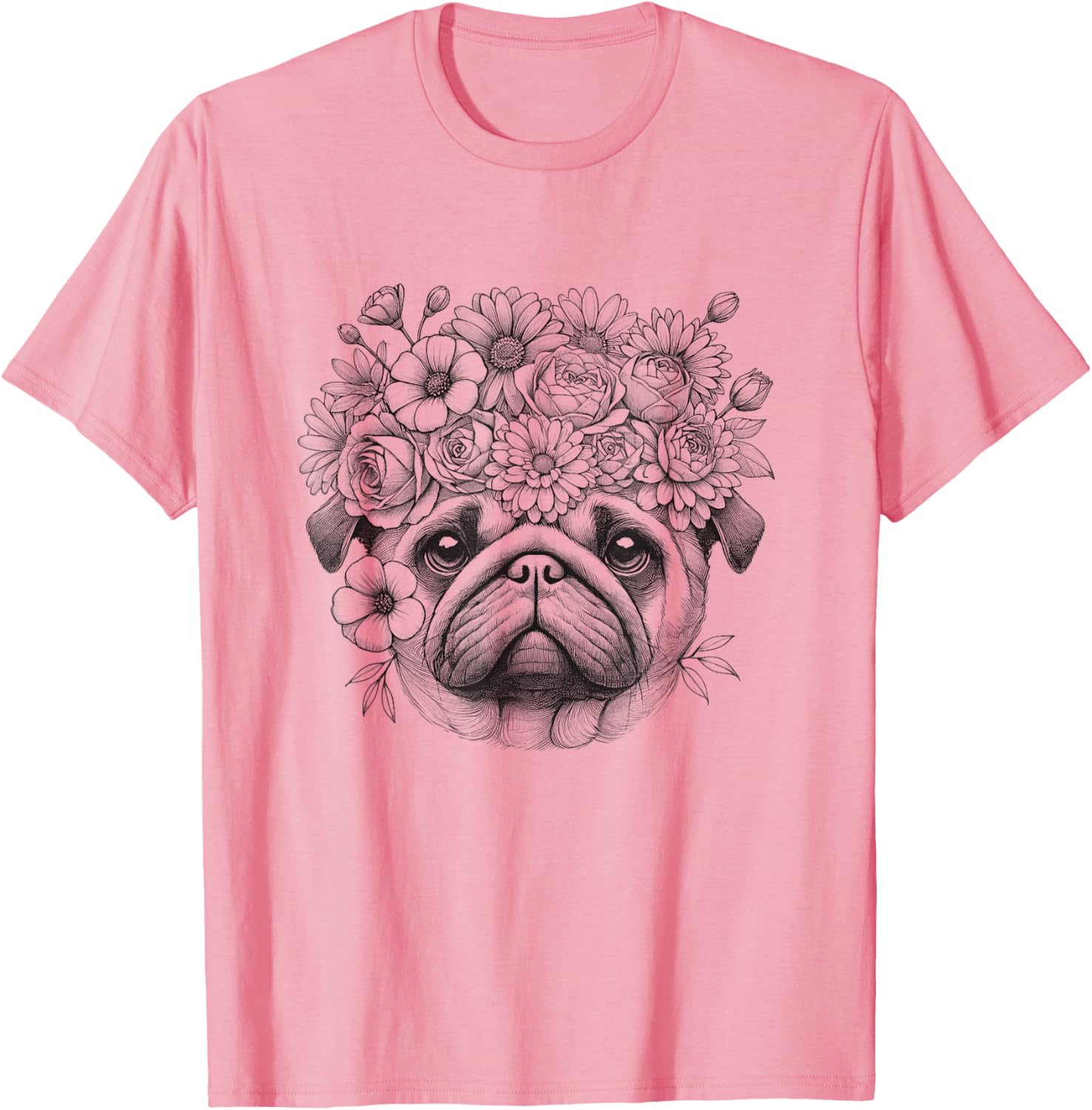 Floral Pug Face T-Shirt for Women and Girls – Cute Dog Design Apparel - 2