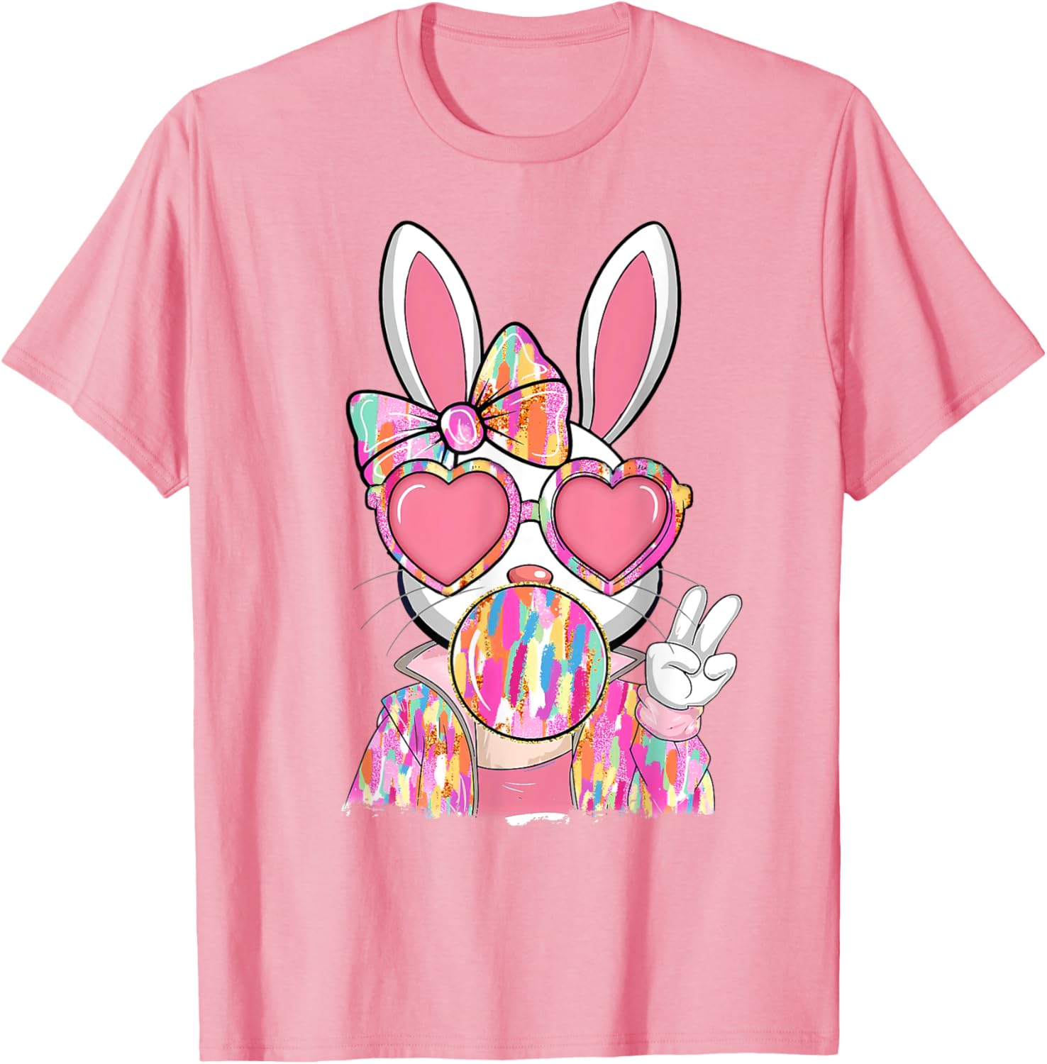 Cute Brushstroke Bunny Blowing Bubble Gum Easter Bow T-Shirt for Kids - 18