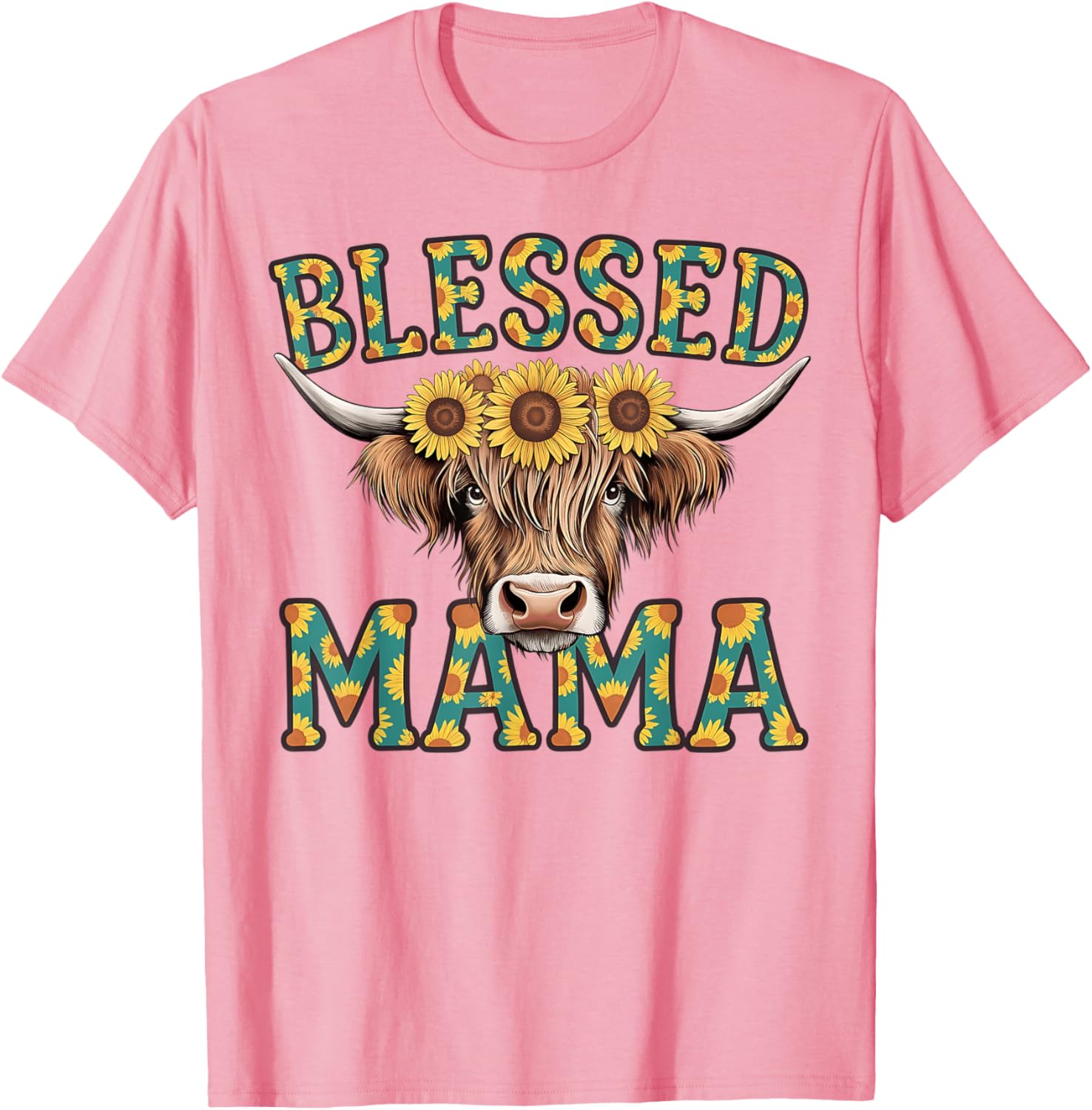 Cute Blessed Mama Highland Cow T-Shirt with Sunflowers for Mother's Day - 13