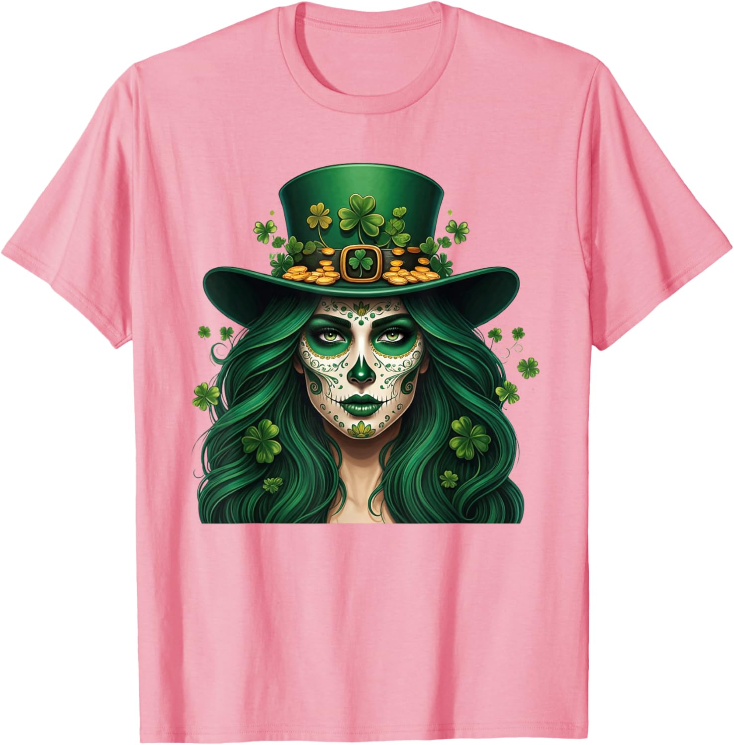 Cute Sugar Skull St Patrick's Day T-Shirt with Shamrock Design for Women - 12