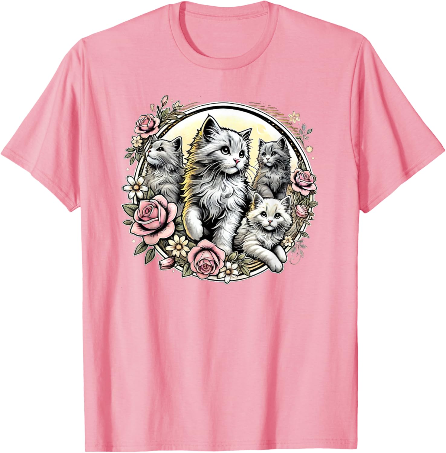 Cute Fluffy Kittens with Vintage Roses T-Shirt for Cat Lovers - 5
