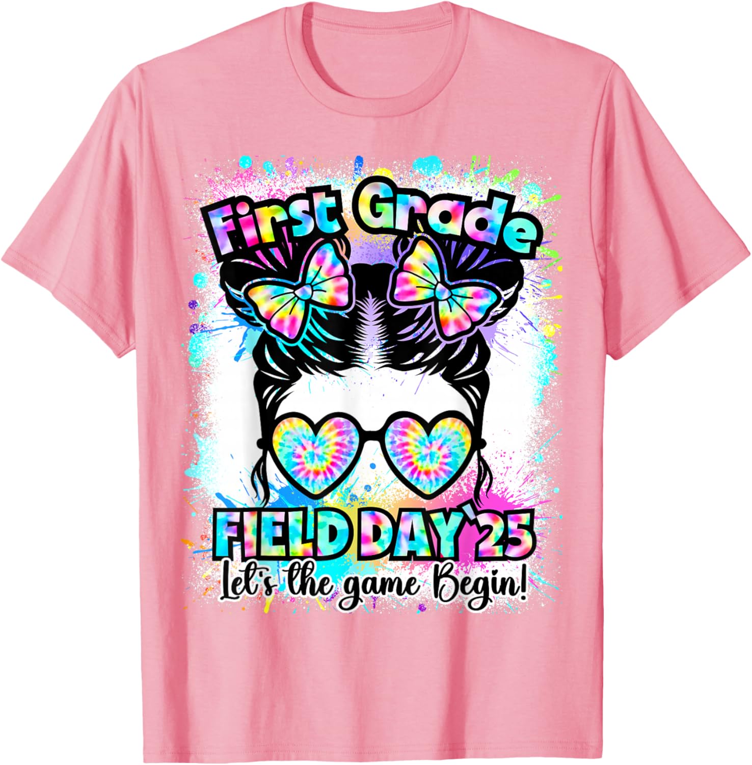 First Grade Field Day 2025 Messy Bun Teacher Kids T-Shirt Fun Design - 22