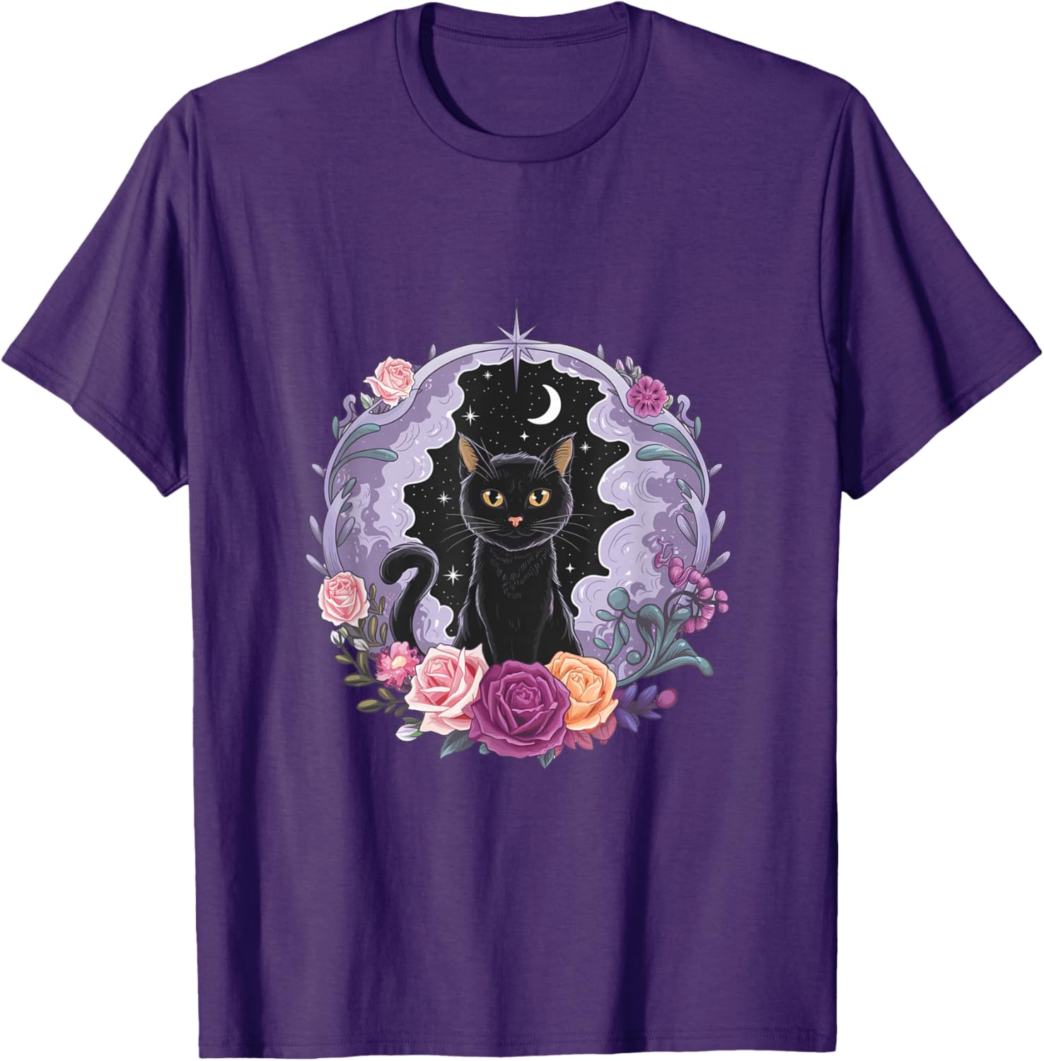 Cute Kawaii Purple Gothic T-Shirt with Black Cat and Moon Crystal Design - 10