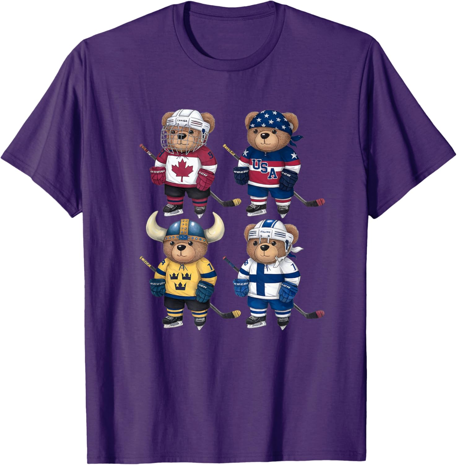 Four Nations Battle Teddy Bear Hockey Player T-Shirt for Fans - 15
