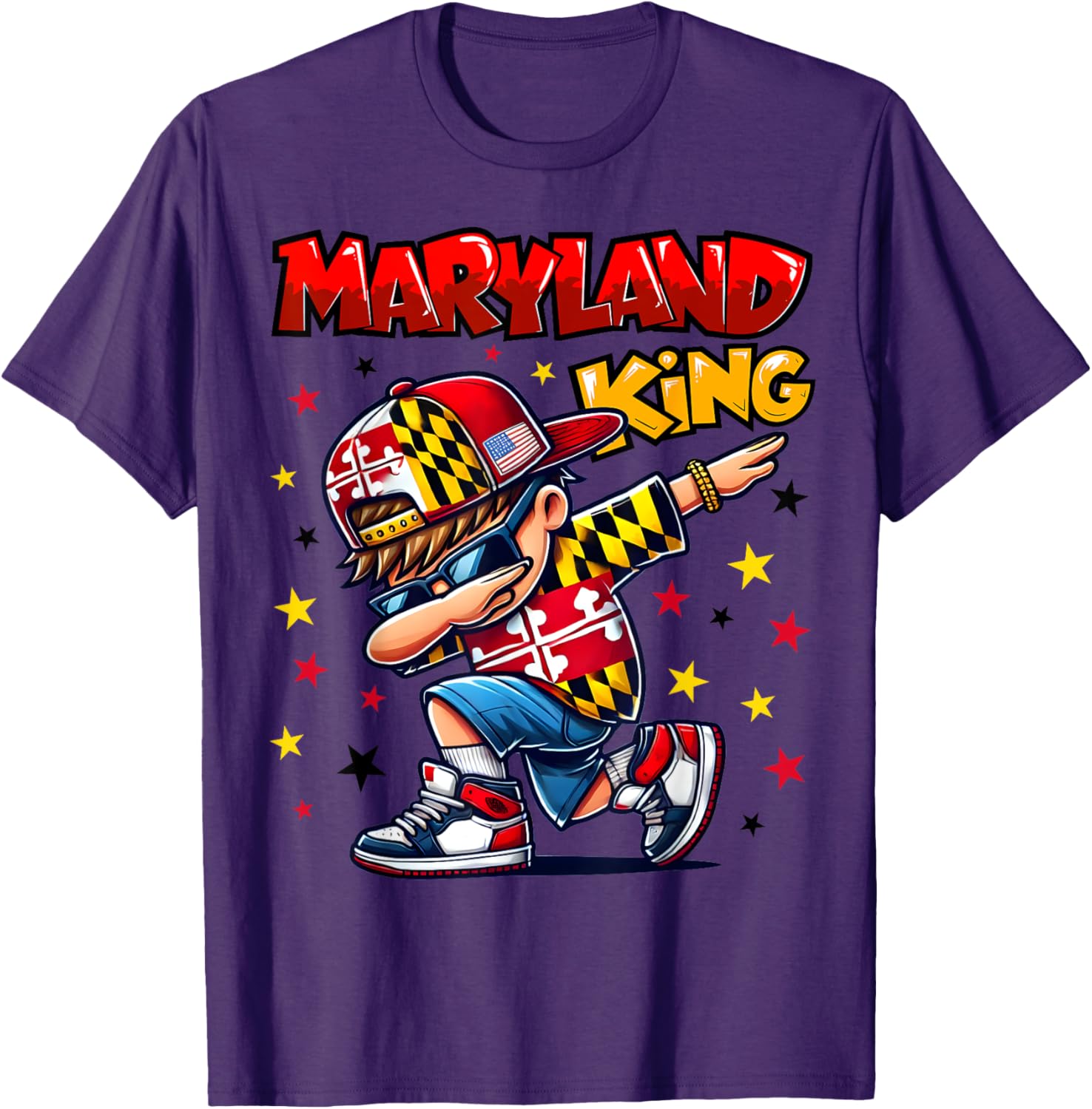 Cool Maryland King Dabbing T-Shirt for Kids Featuring State Flag Design - 3