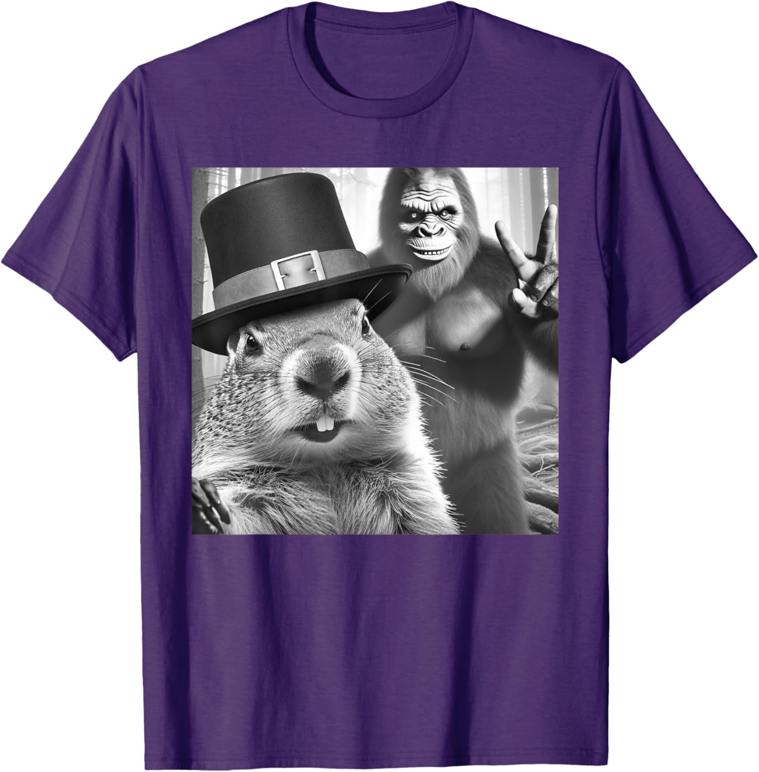 Funny Groundhog Day T-Shirt with Groundhog Taking Selfie with Bigfoot - 7